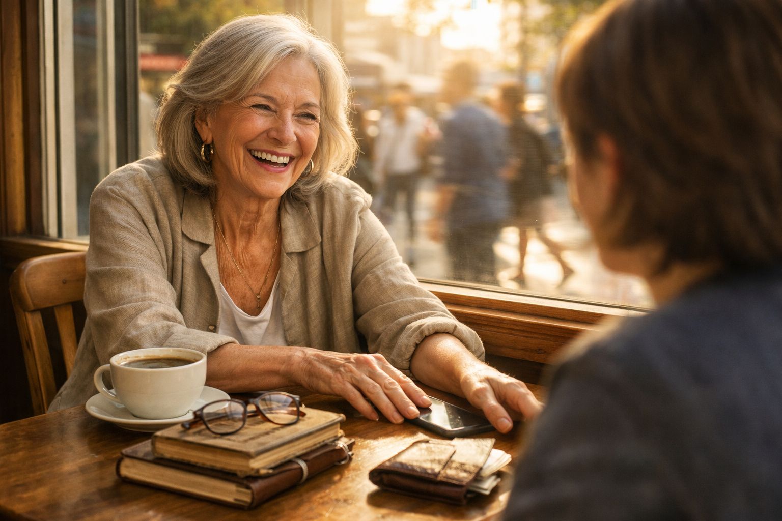 Duas mulheres a conversar animadamente numa cafetaria, com café e livros sobre a mesa.