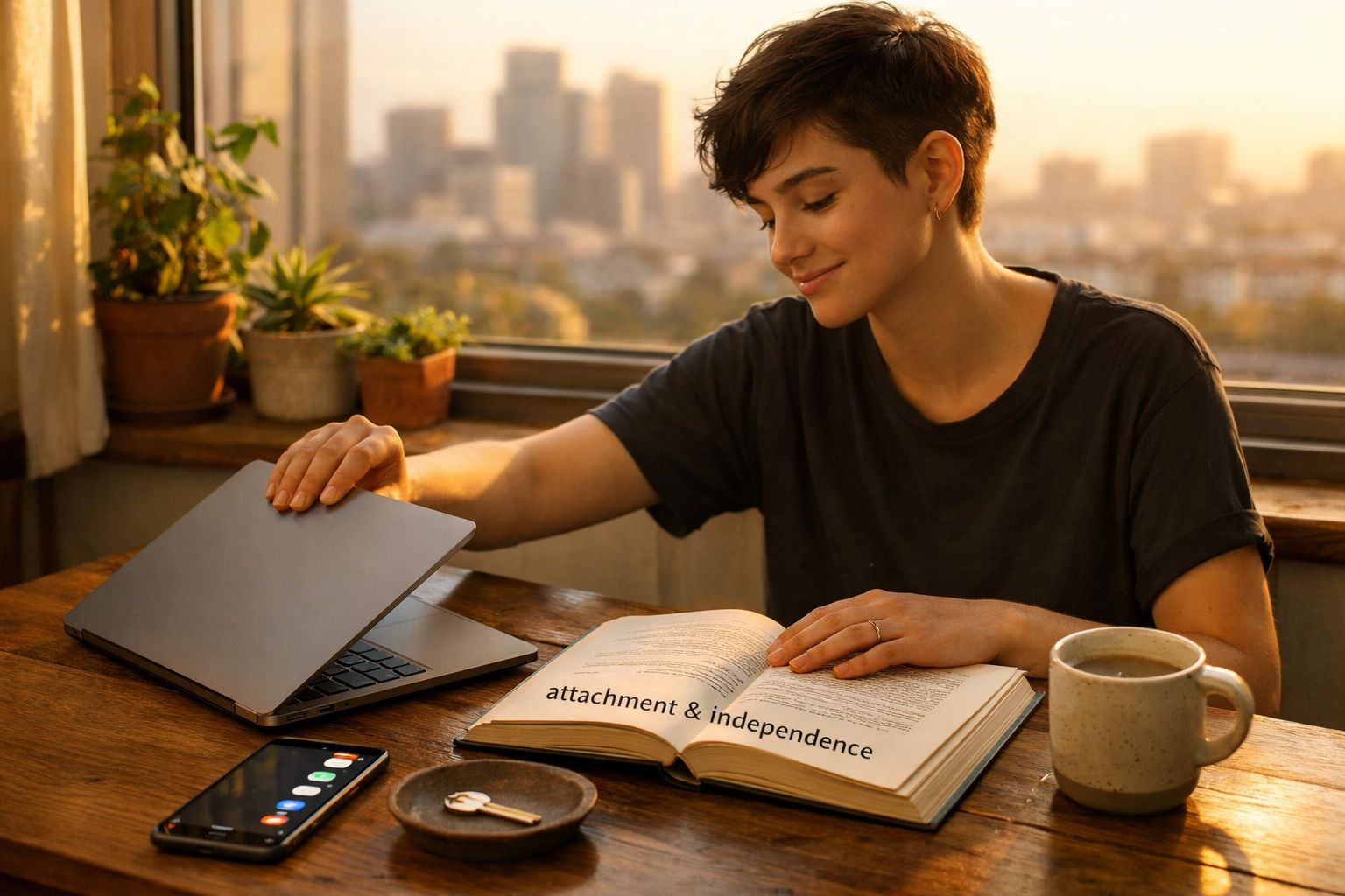 Pessoa com cabelo curto sentada à mesa a fechar portátil, lendo livro, com caneca, telemóvel e plantas ao fundo.