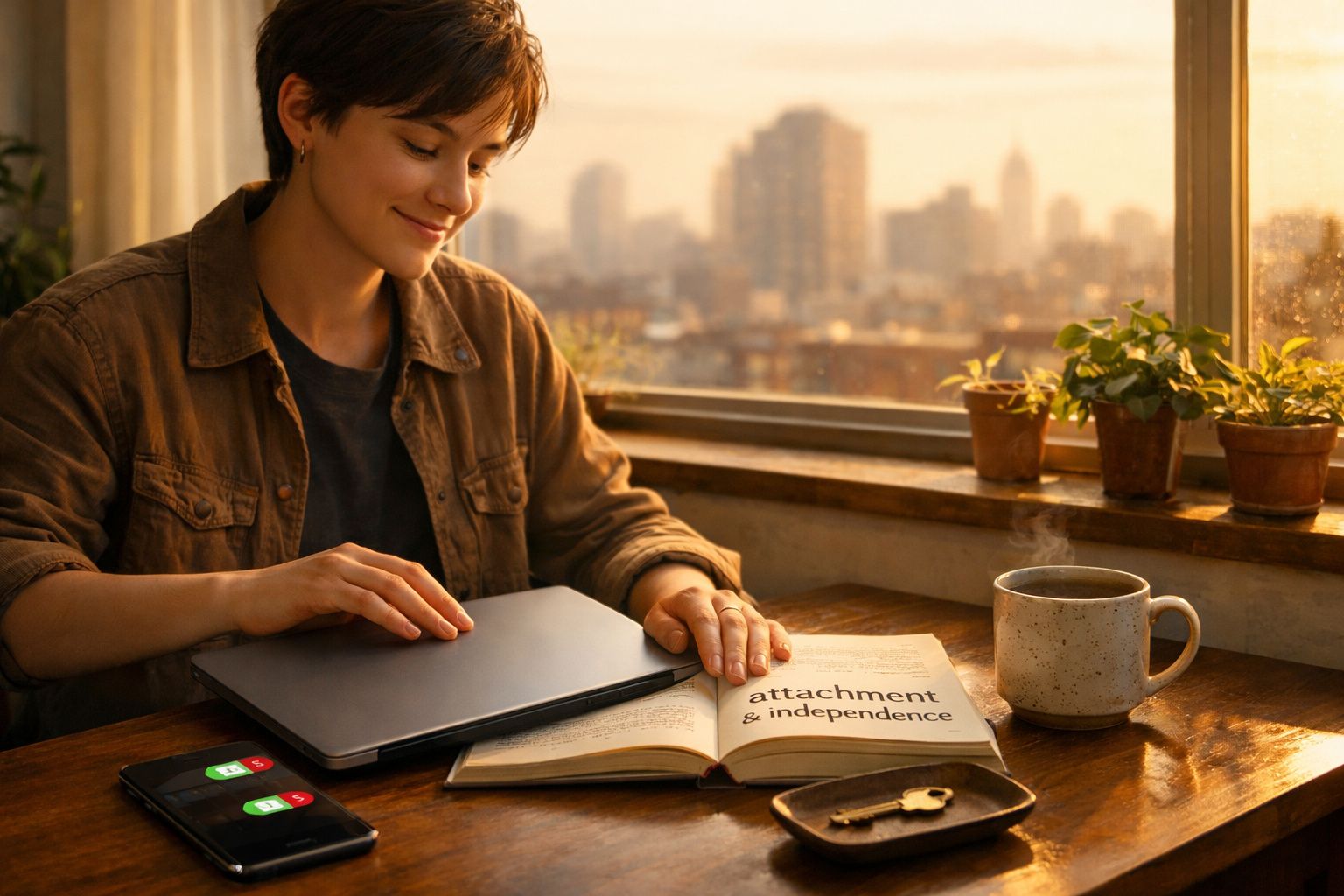 Pessoa sentada à mesa junto a uma janela com laptop, livro aberto, chá quente e telemóvel a carregar.
