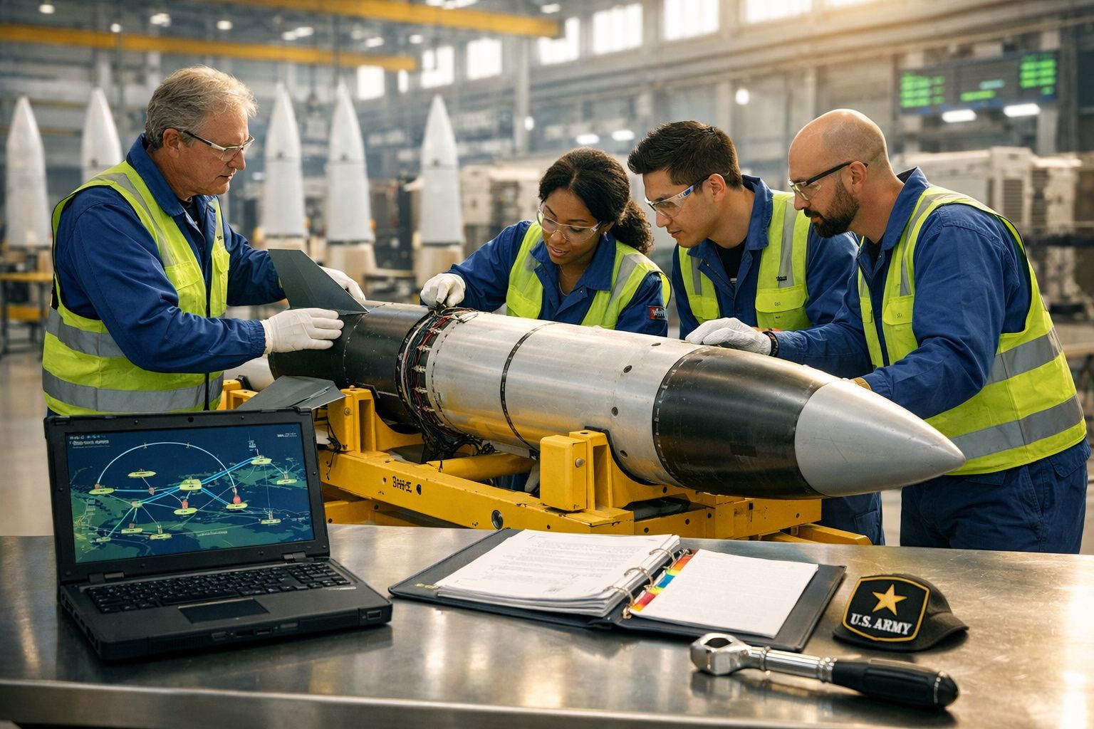 Quatro técnicos analisam um grande míssil num ambiente industrial com laptop e documentos à frente.