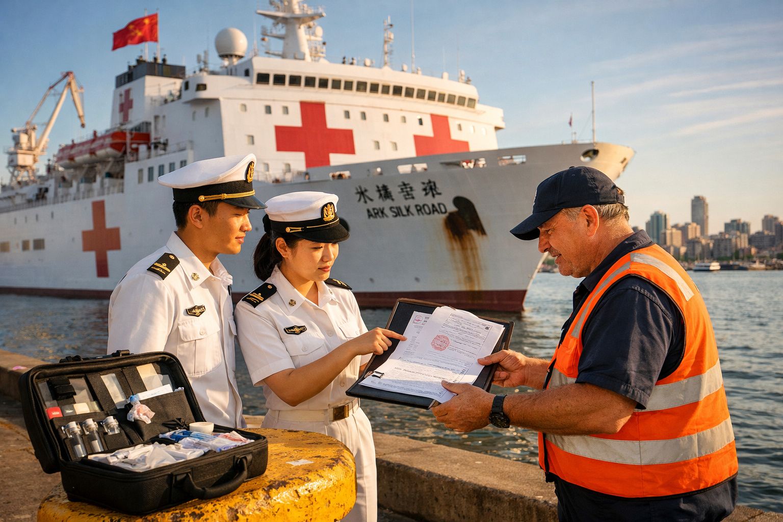 Dois oficiais navais a rever documentos com um trabalhador portuário, navio hospital ao fundo.