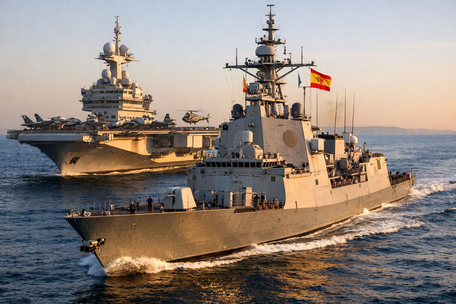 Dois navios militares espanhóis no mar ao pôr do sol, um porta-aviões e um destróier.