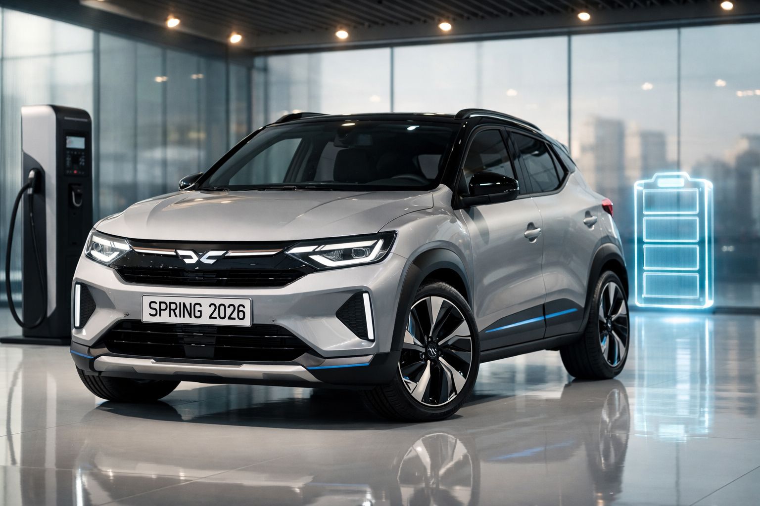 Carro elétrico prata estacionado ao lado de posto de carregamento com ícone de bateria iluminado.