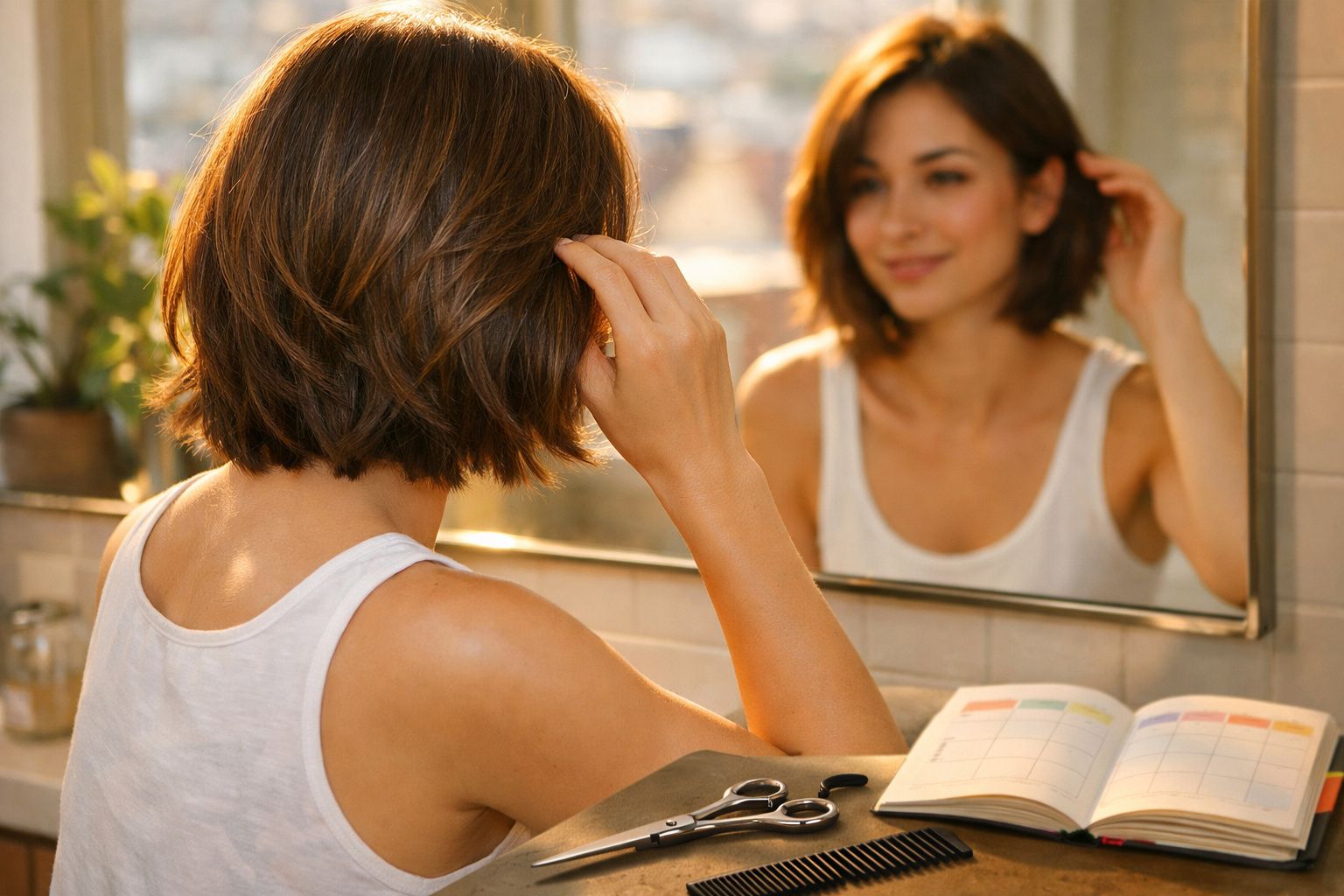 Mulher de cabelo curto a observar o seu reflexo num espelho, com agenda aberta e tesoura à frente.