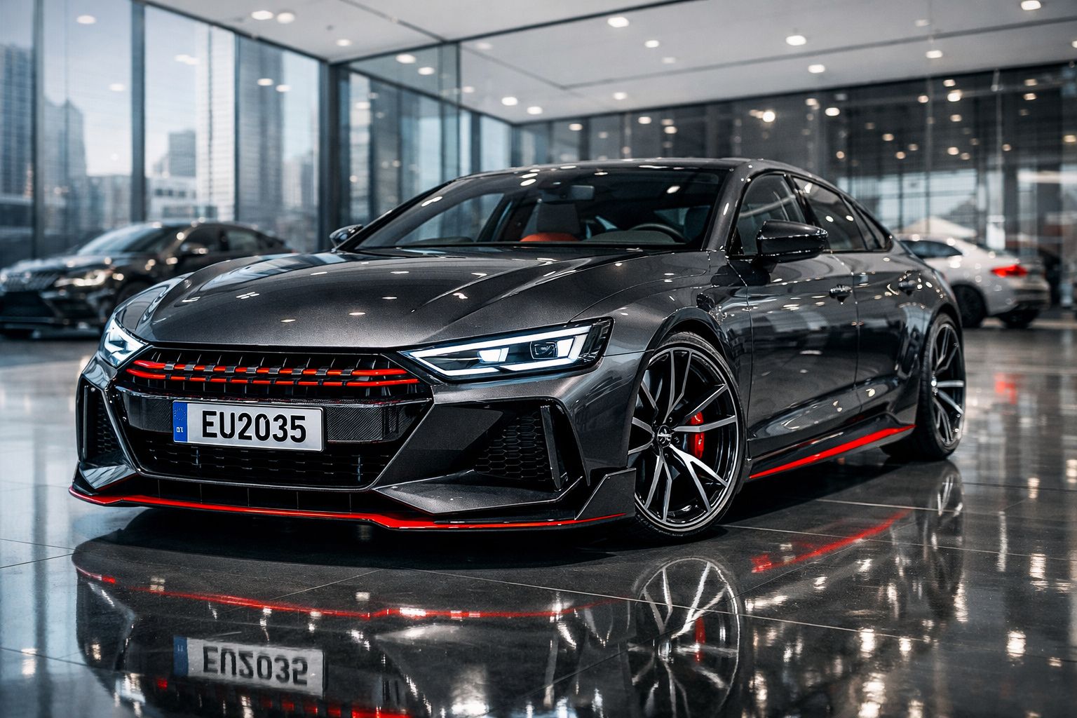 Carro desportivo cinzento escuro com detalhes vermelhos numa sala de exposição moderna com chão refletor.