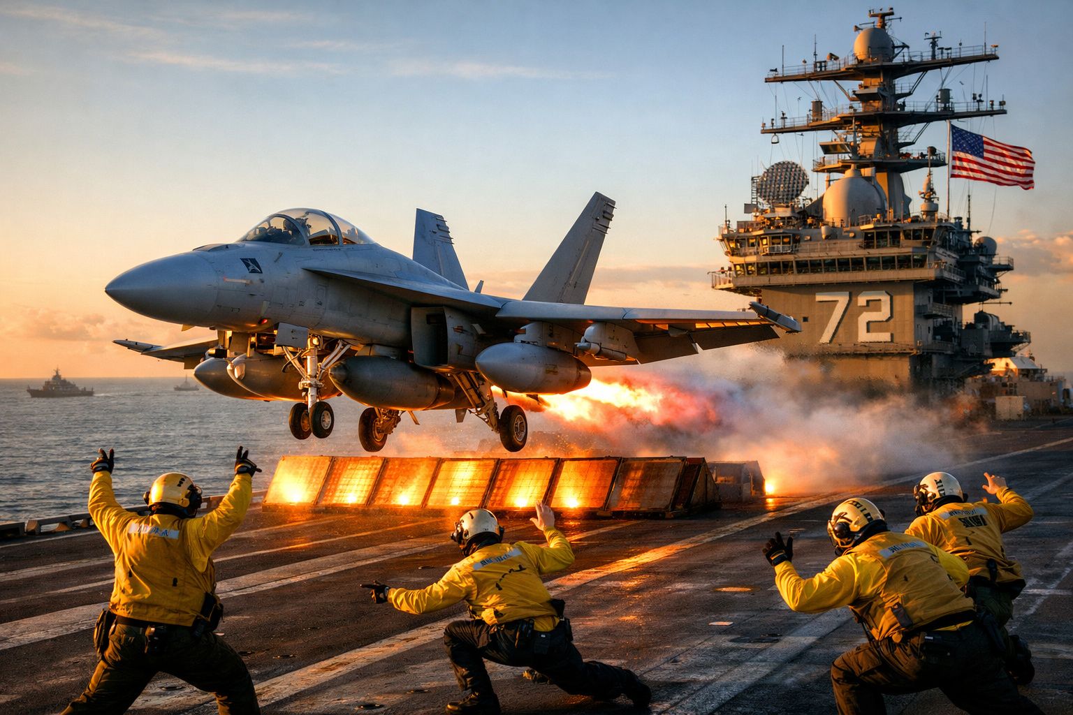 Caça militar a descolar de porta-aviões com tripulação em coletes amarelos a preparar lançamento ao pôr do sol.