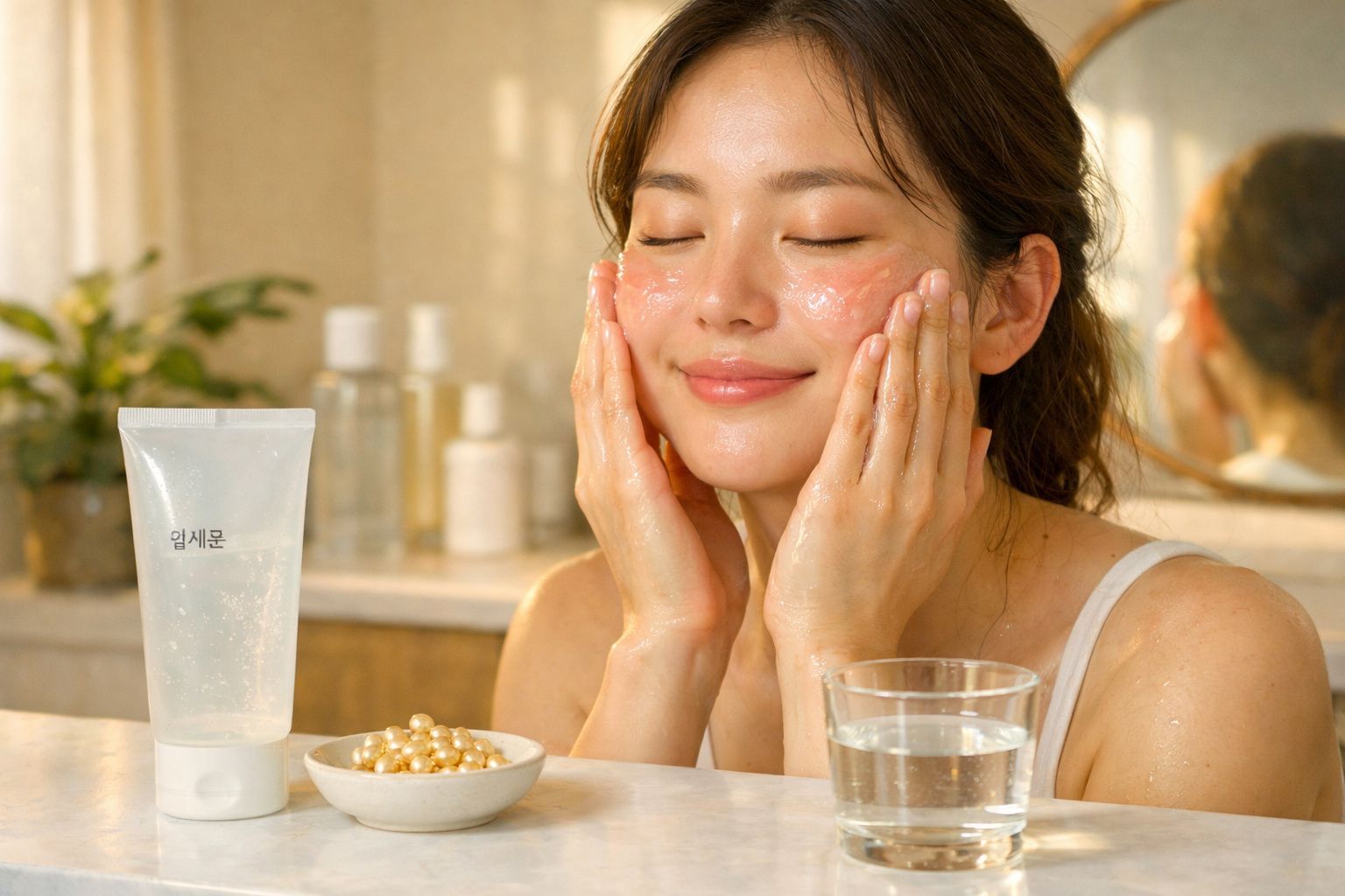 Mulher a aplicar creme facial, com olhos fechados e expressão relaxada numa bancada de casa de banho.