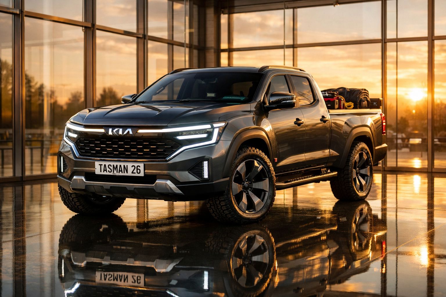 Pick-up Kia Tasman cinzenta estacionada em chão polido dentro de edifício com janelas grandes ao pôr do sol.
