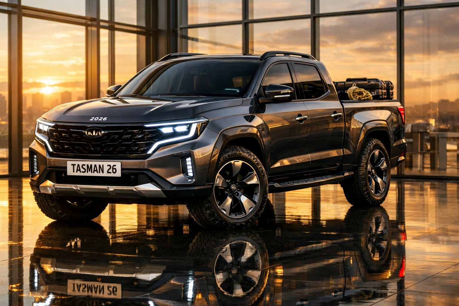 Picape Kia Tasman 2024 cinza escuro estacionada em chão espelhado ao pôr do sol.
