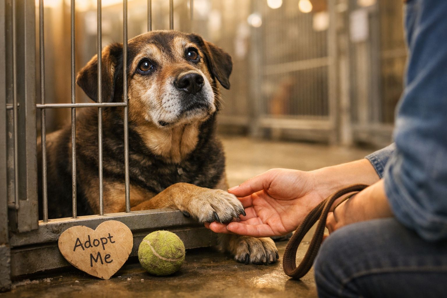 Cão dentro de um canil a dar a pata a uma pessoa com uma placa de "Adote-me" e uma bola de ténis.