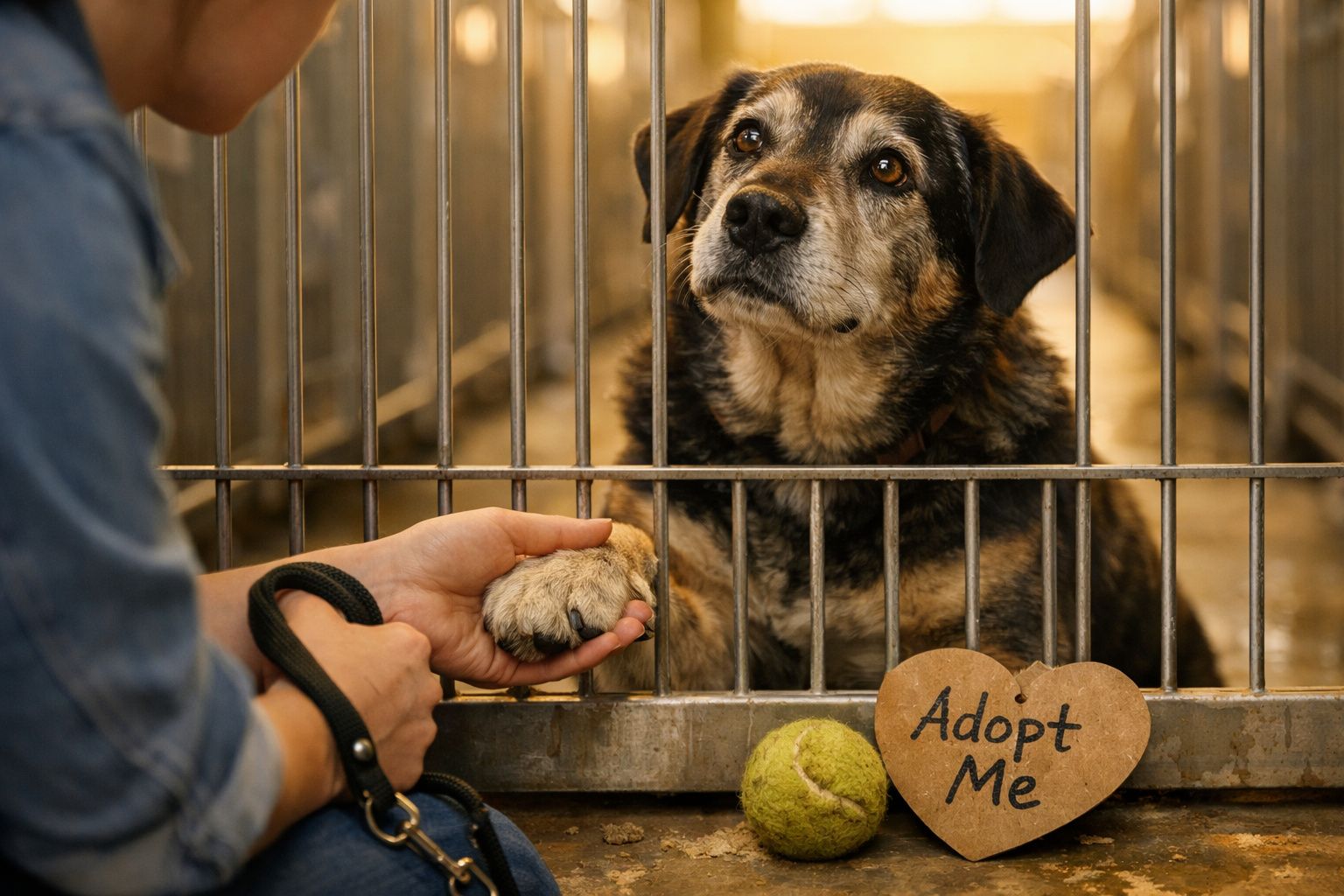 Cão numa gaiola num abrigo, segurando a pata de uma pessoa com um sinal de “Adopt Me” e uma bola de ténis.