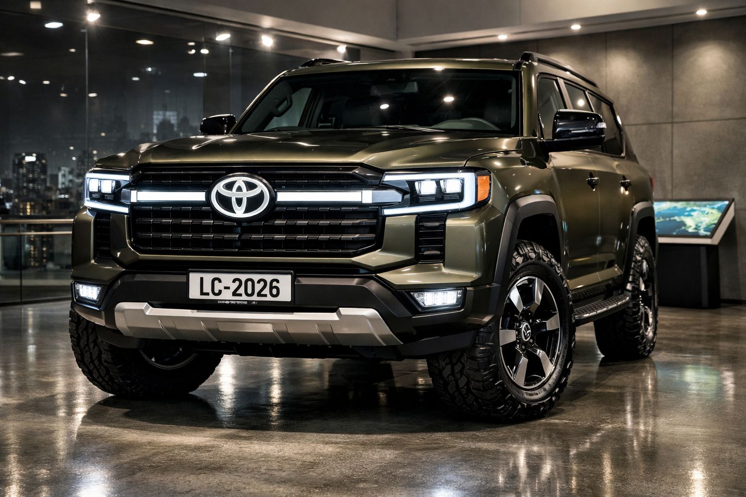 Veículo Toyota SUV 4x4 verde metalizado com faróis ligados estacionado em espaço interior moderno.