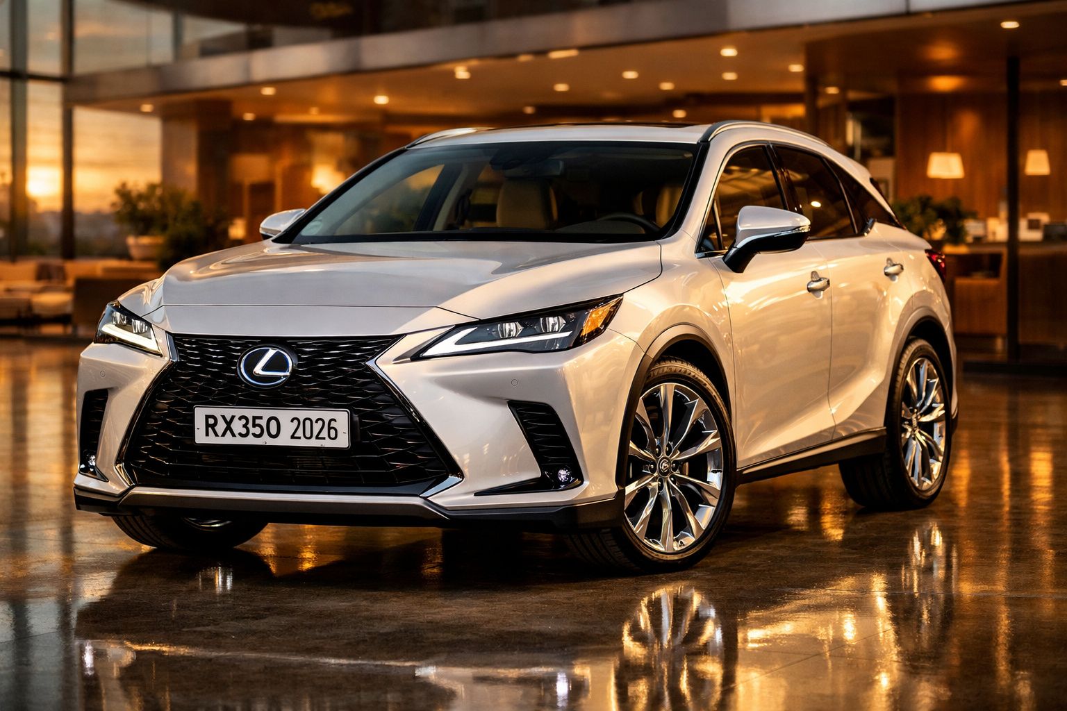 Carro Lexus RX350 2026 branco estacionado em interior com piso reflexivo e iluminação quente.