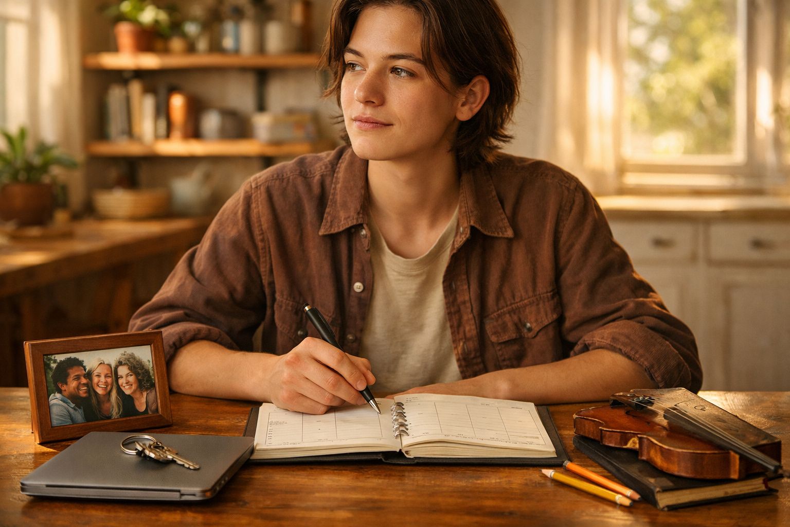 Pessoa jovem a escrever num caderno, com um violino, cadernos e uma foto de amigos numa mesa de madeira.