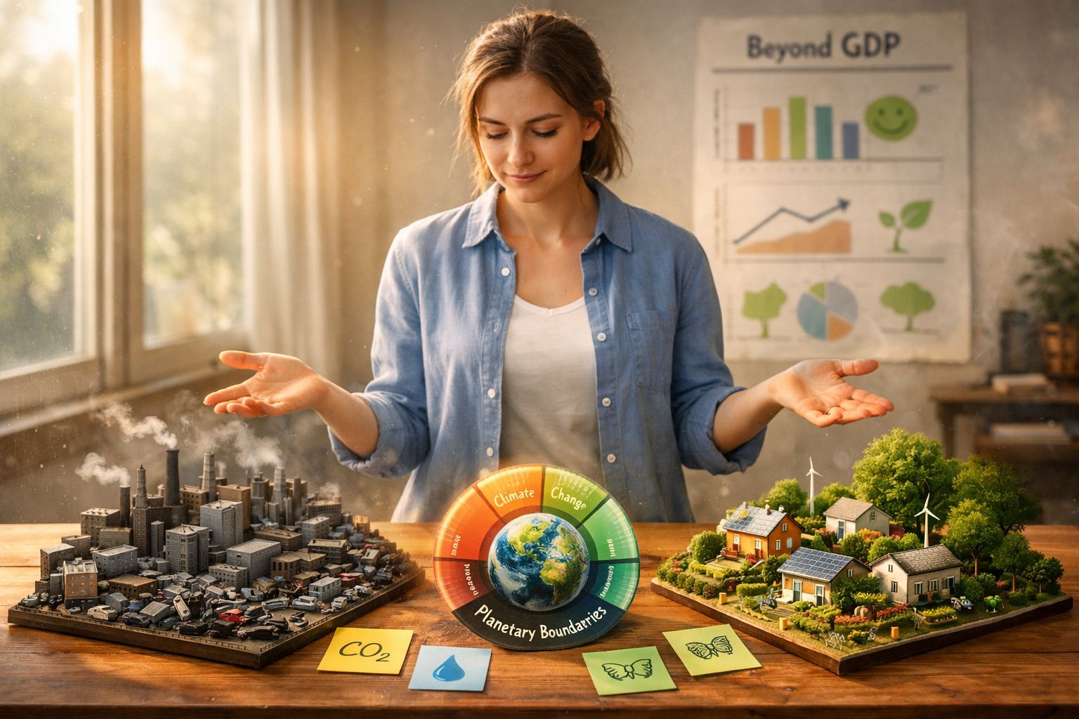 Mulher a analisar miniaturas de cidade poluída e ecossustentável com gráfico sobre mudanças climáticas.