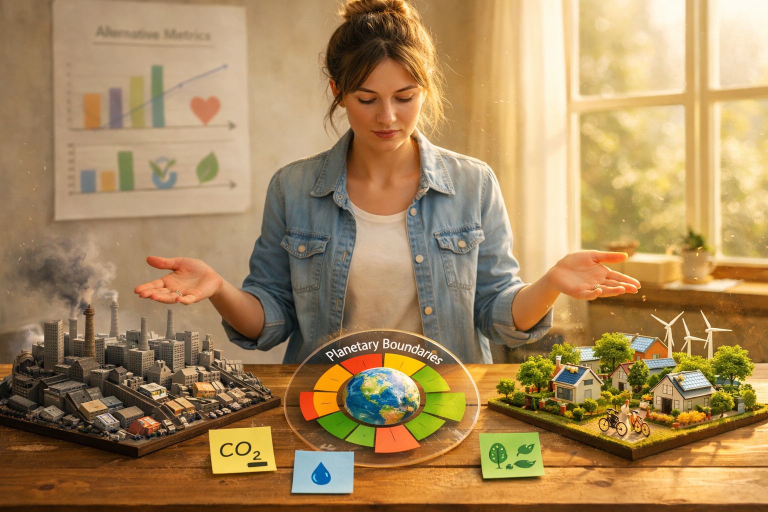 Mulher compara maquetes de cidade poluente e bairro sustentável com gráfico das fronteiras planetárias.