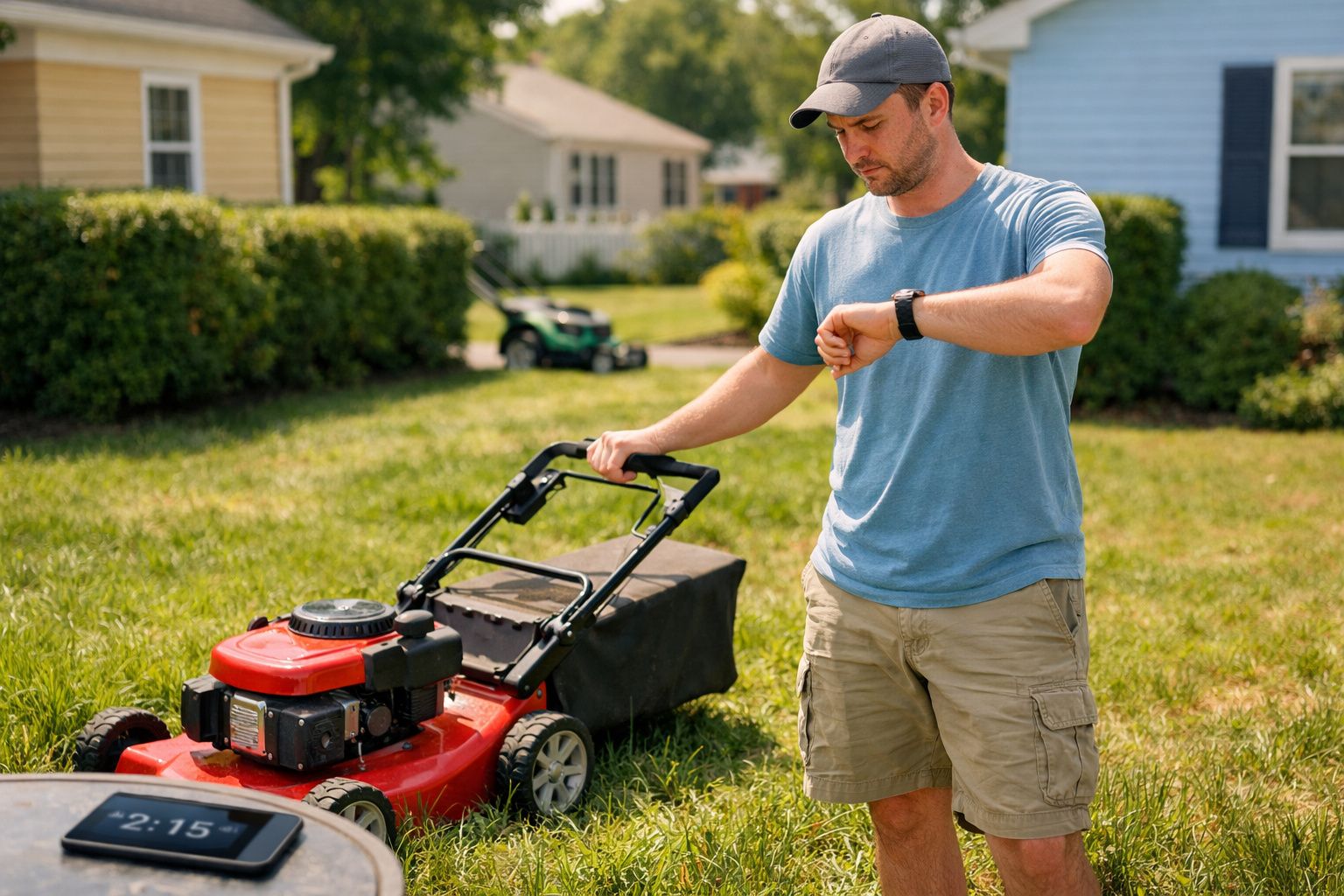 Homem a cortar relva com corta-relvas vermelho, a olhar para o relógio no pulso num jardim residencial.