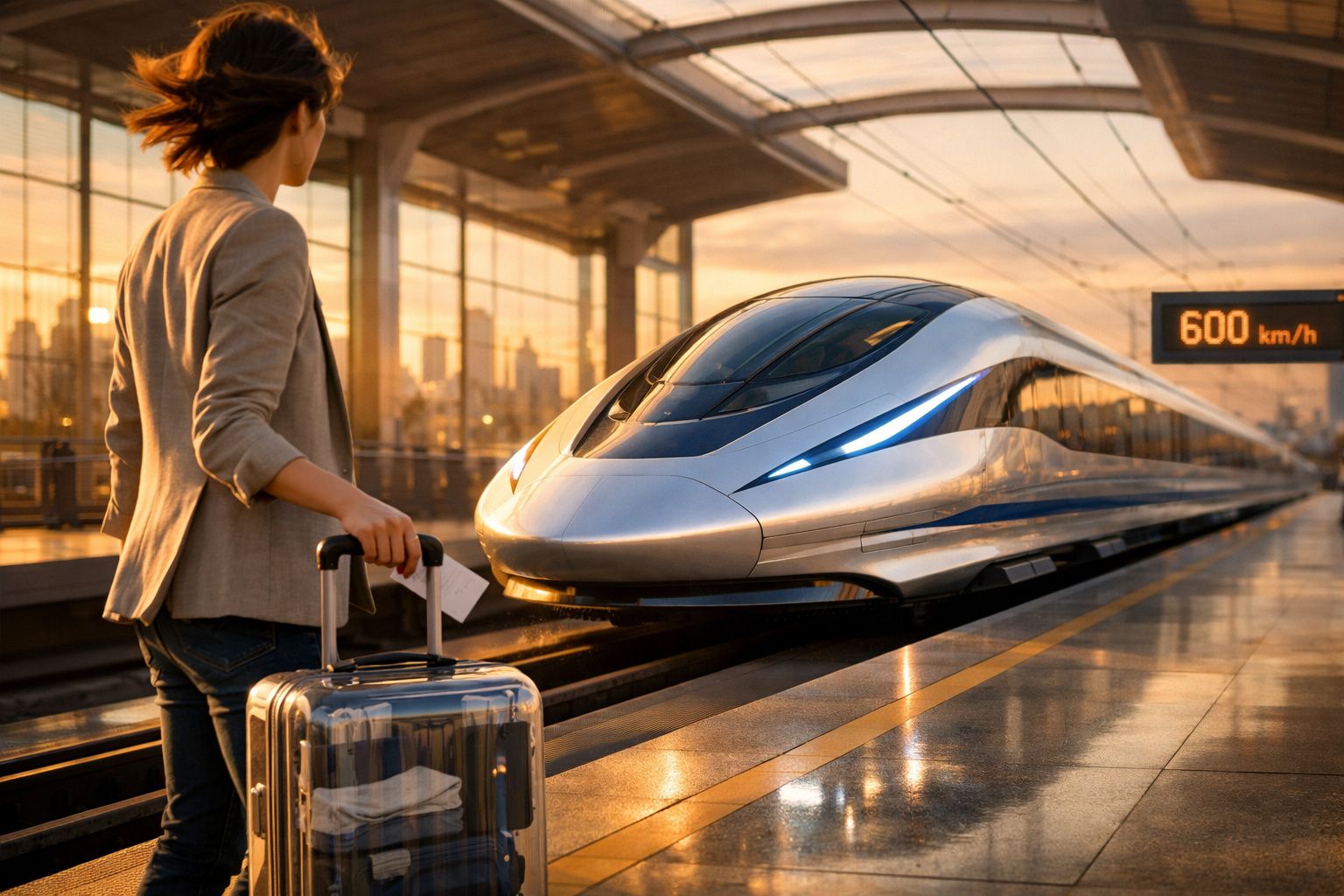 Mulher com mala transparente espera na plataforma por comboio de alta velocidade moderno ao pôr do sol.
