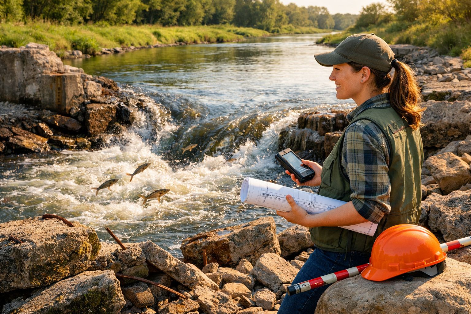 Mulher em equipamento de investigação observa peixes a saltar numa correnteza, com capacete e planta na pedra.