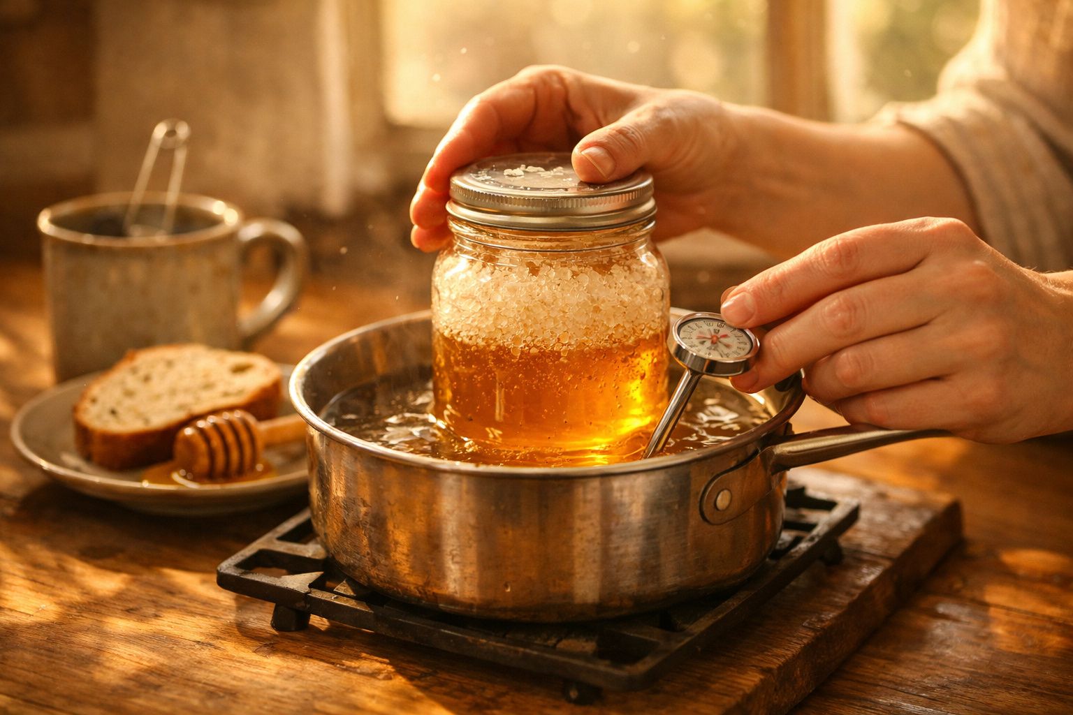 Mãos a medir temperatura de um frasco de mel em banho-maria, com pão e chá ao fundo numa mesa de madeira.