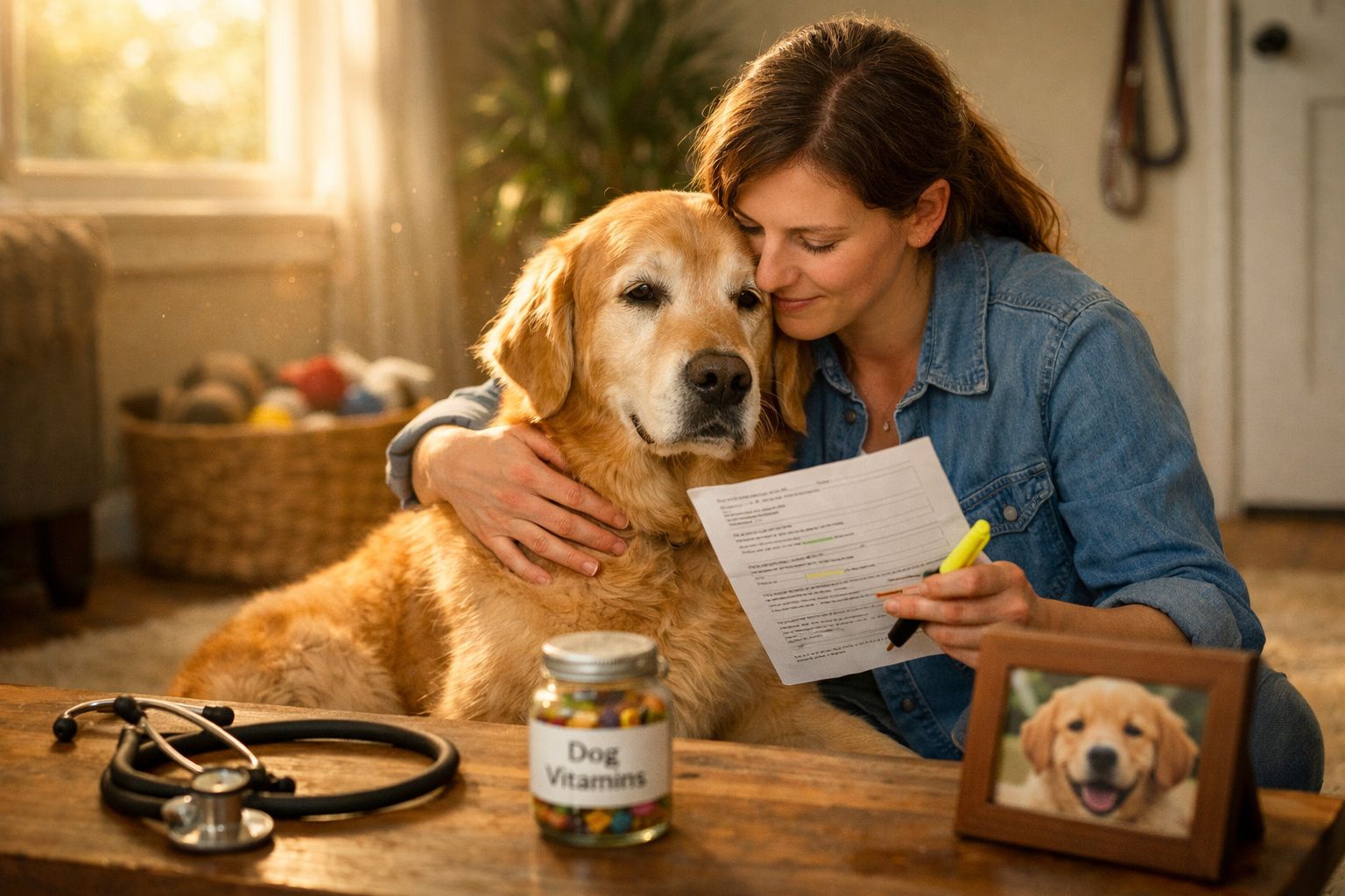 Mulher abraça cão golden retriever com cartão e frasco de vitaminas para cães numa sala iluminada.