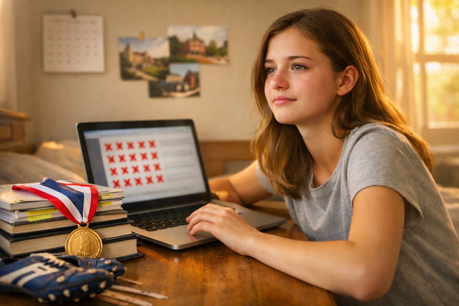 Jovem sentada à mesa a olhar para o ecrã de um computador portátil, com medalha e livros ao lado.