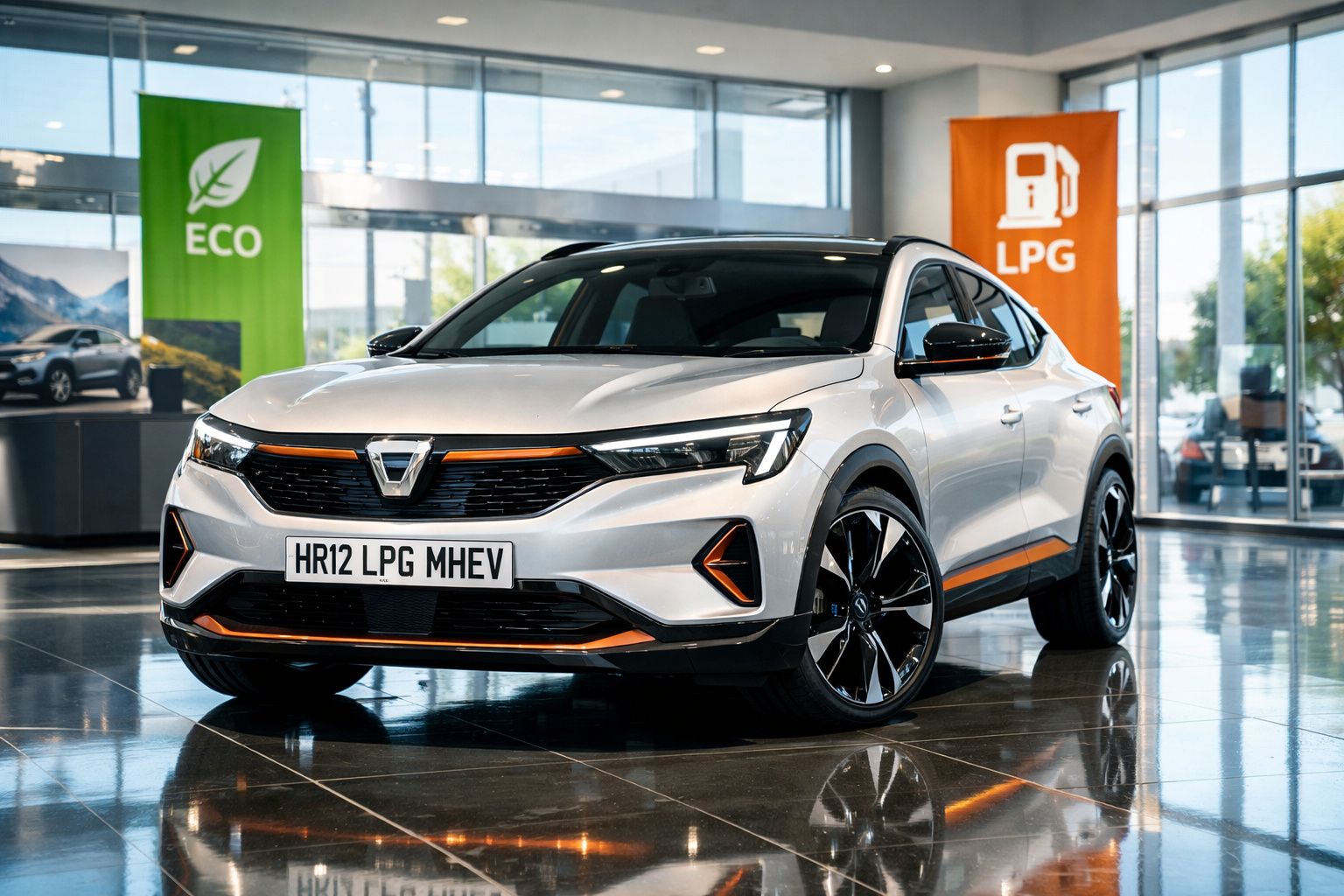 Carro moderno branco com detalhes em laranja exposto em showroom com bandeiras ECO e LPG ao fundo.
