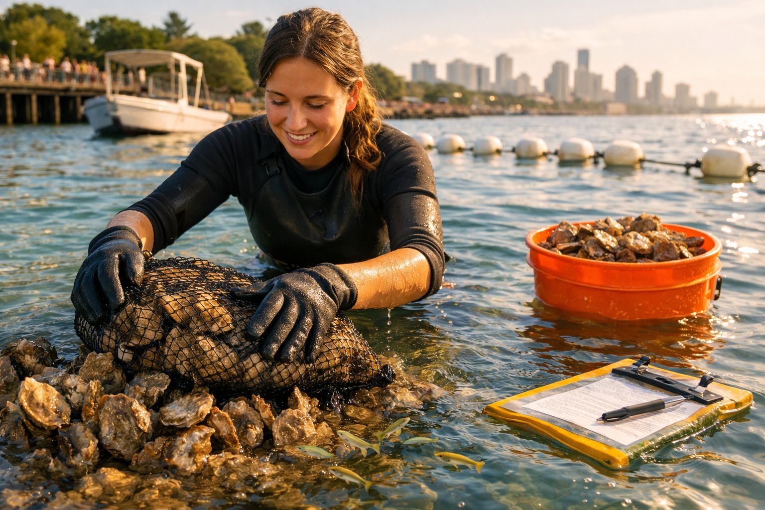 Mulher com fato de mergulho recolhe ostras numa rede no mar com balde cheio e clipboard na água, cidade ao fundo.