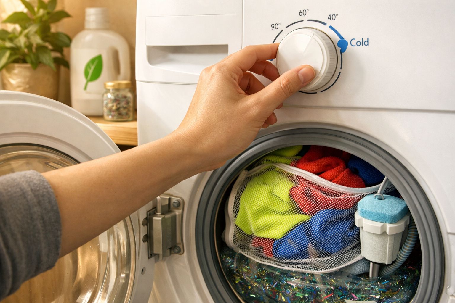 Mão a ajustar temperatura na máquina de lavar roupa com roupas coloridas no interior.