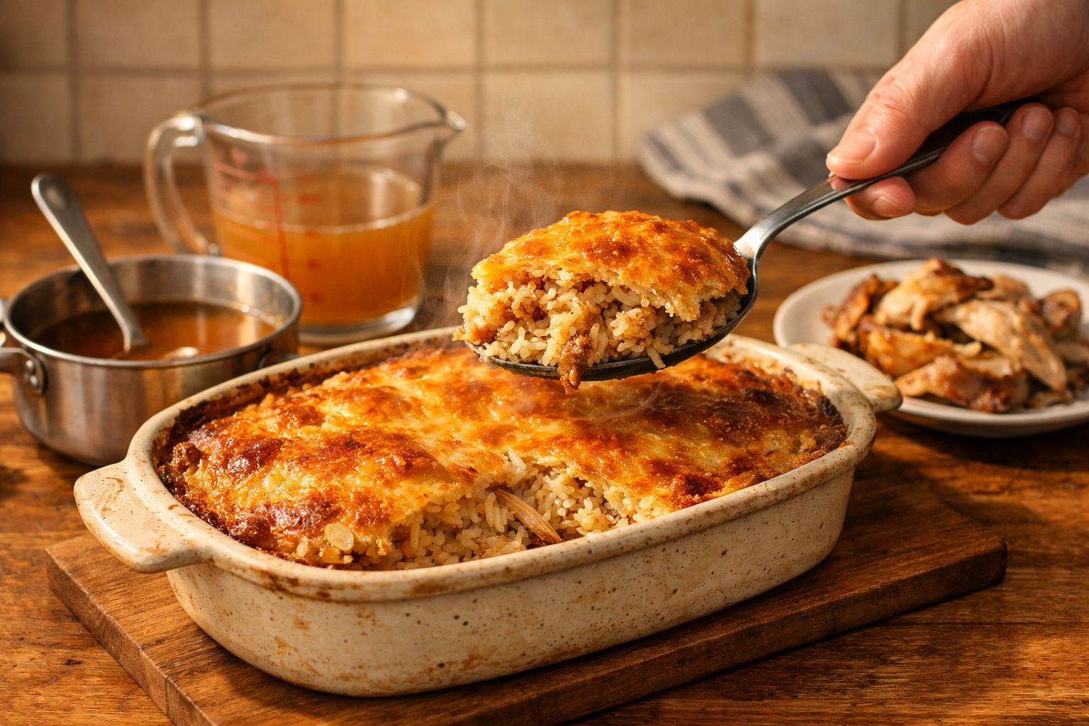 Arroz de forno dourado a ser servido numa travessa, com molho e pedaços de carne ao fundo.