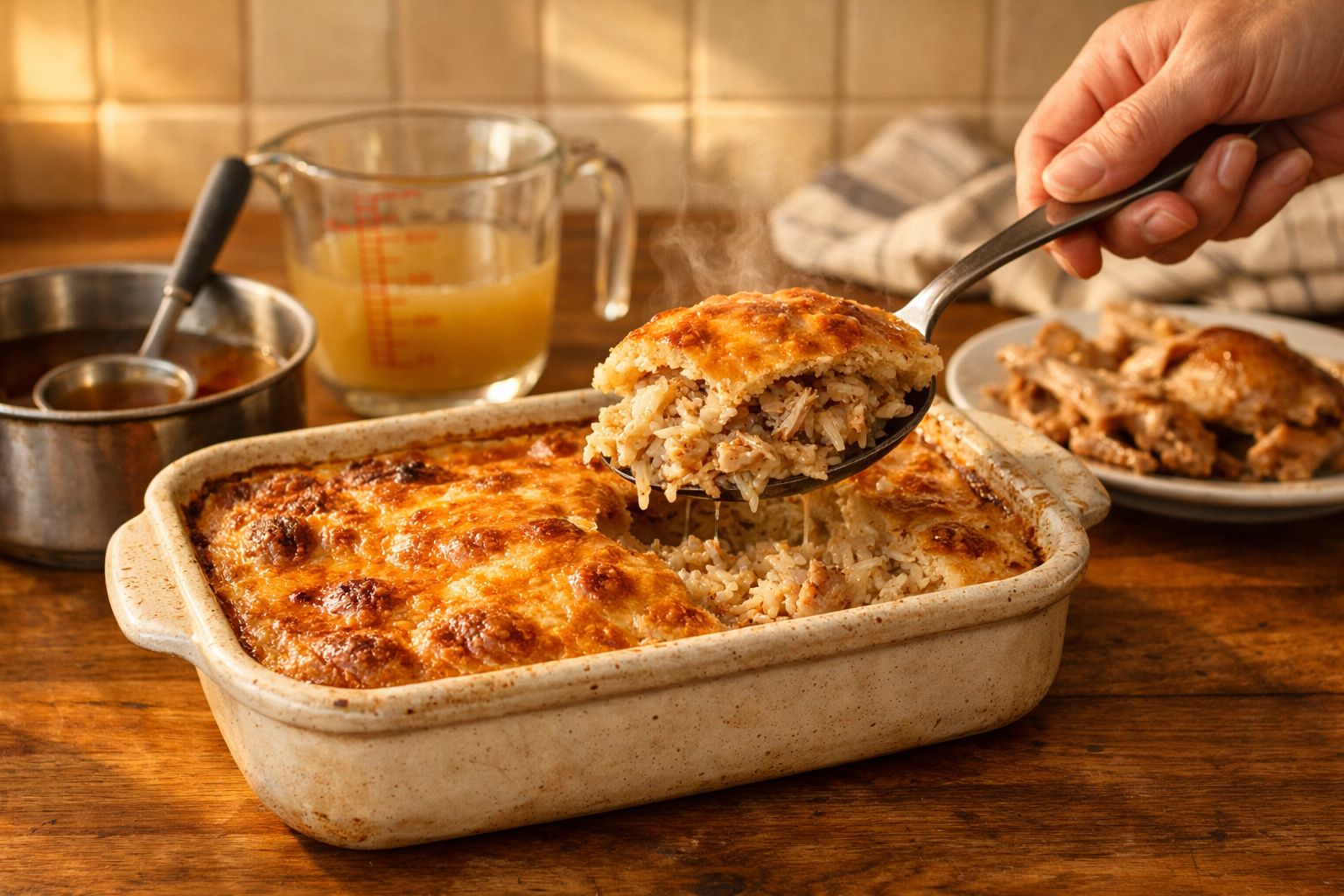 Prato de arroz de forno com frango desfiado a ser servido numa colher.