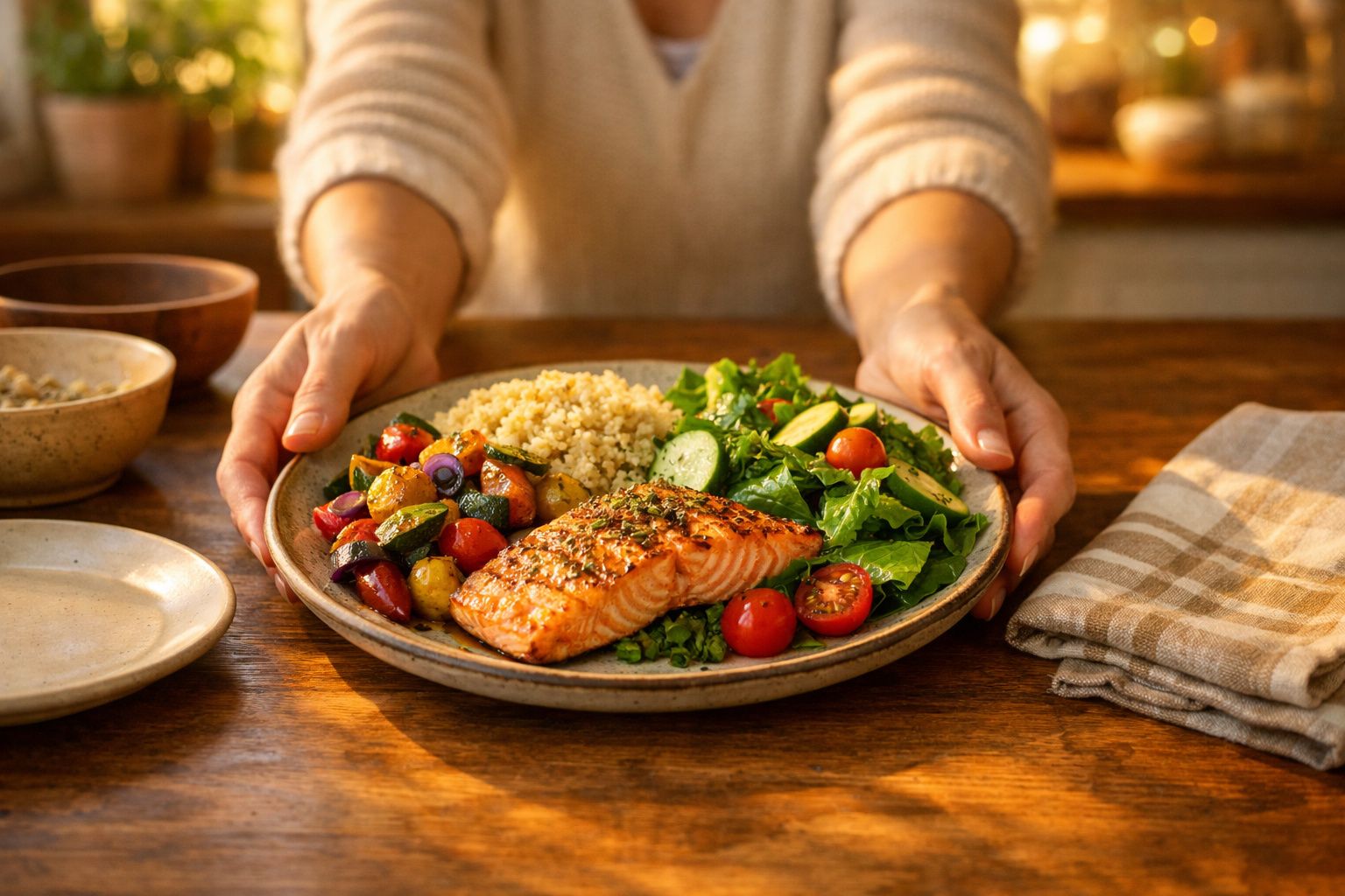 Prato com salmão grelhado, legumes assados, quinoa e salada verde, mãos a segurá-lo sobre mesa de madeira.