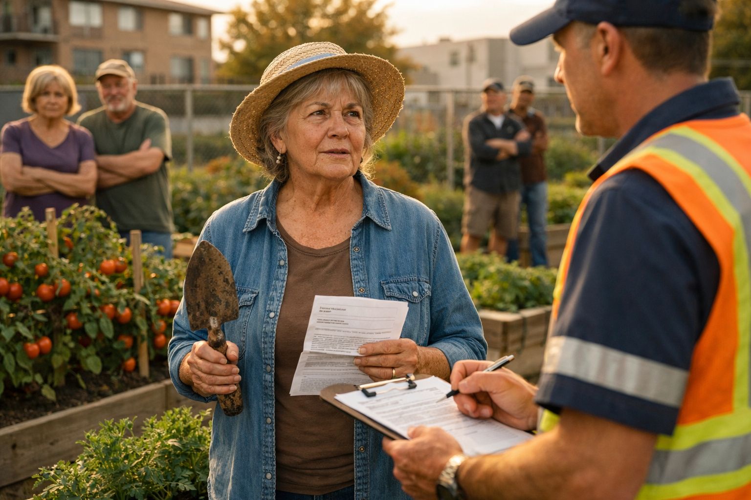 Mulher com chapéu e enxada conversa com funcionário que aponta em prancheta numa horta comunitária.