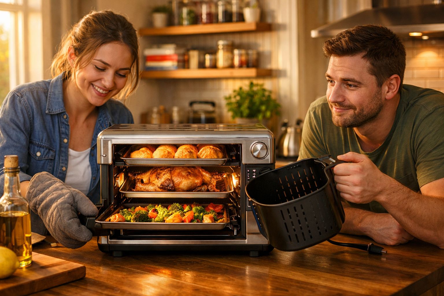 Casal a cozinhar, retirando um tabuleiro com croissants de um forno elétrico com várias bandejas de alimentos.