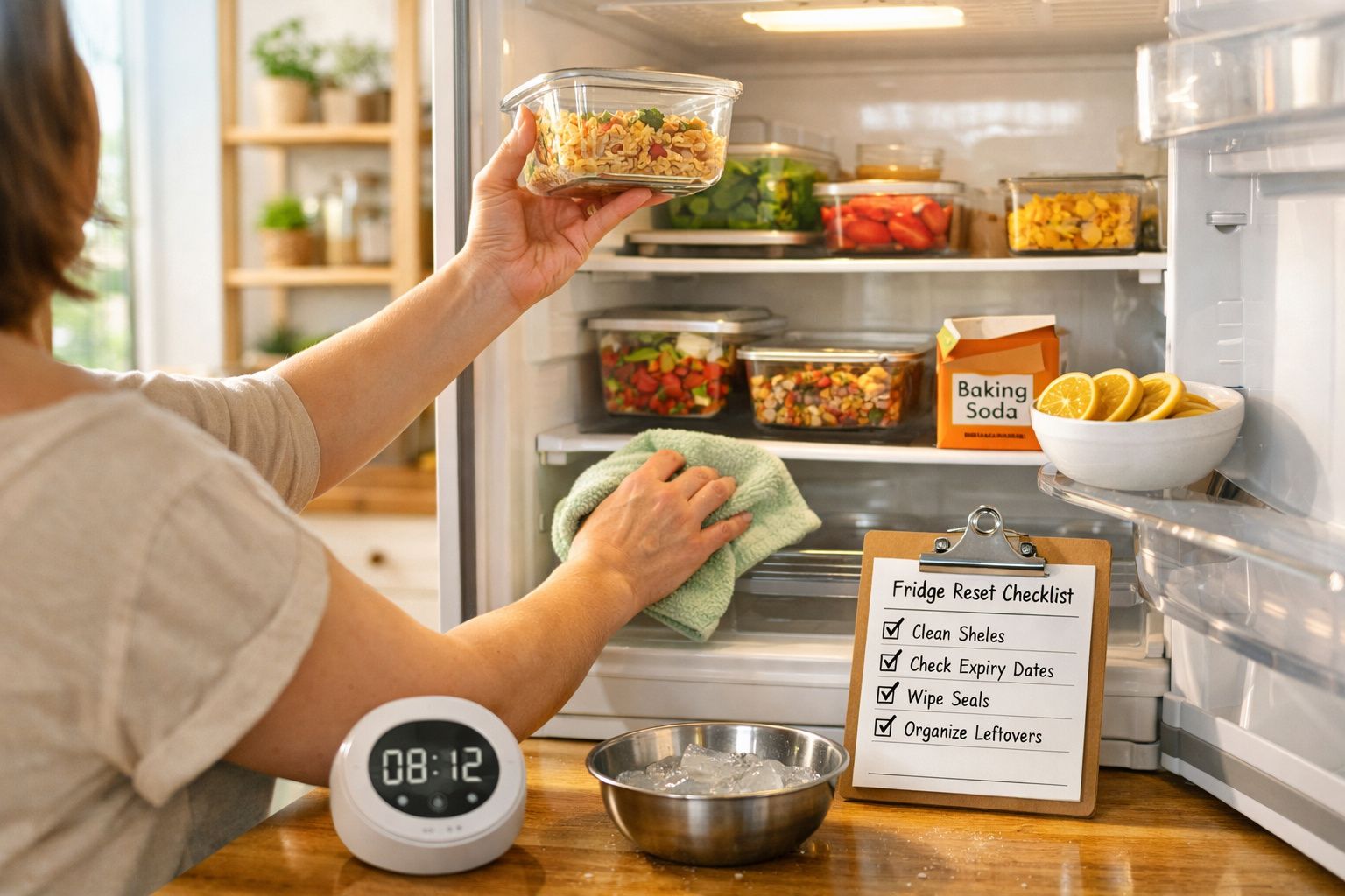 Pessoa a limpar o interior do frigorífico e a organizar alimentos embalados em recipientes transparentes.