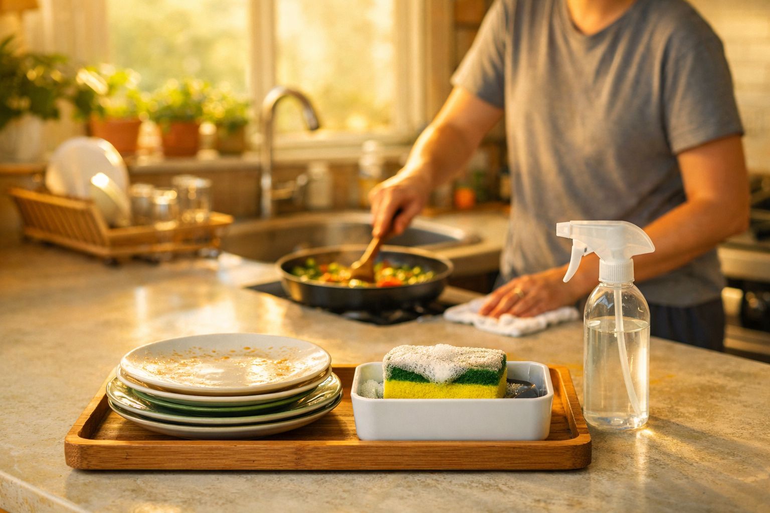 Bancada de cozinha com pratos sujos, esponja ensaboada e frasco de borrifador, pessoa a cozinhar ao fundo.