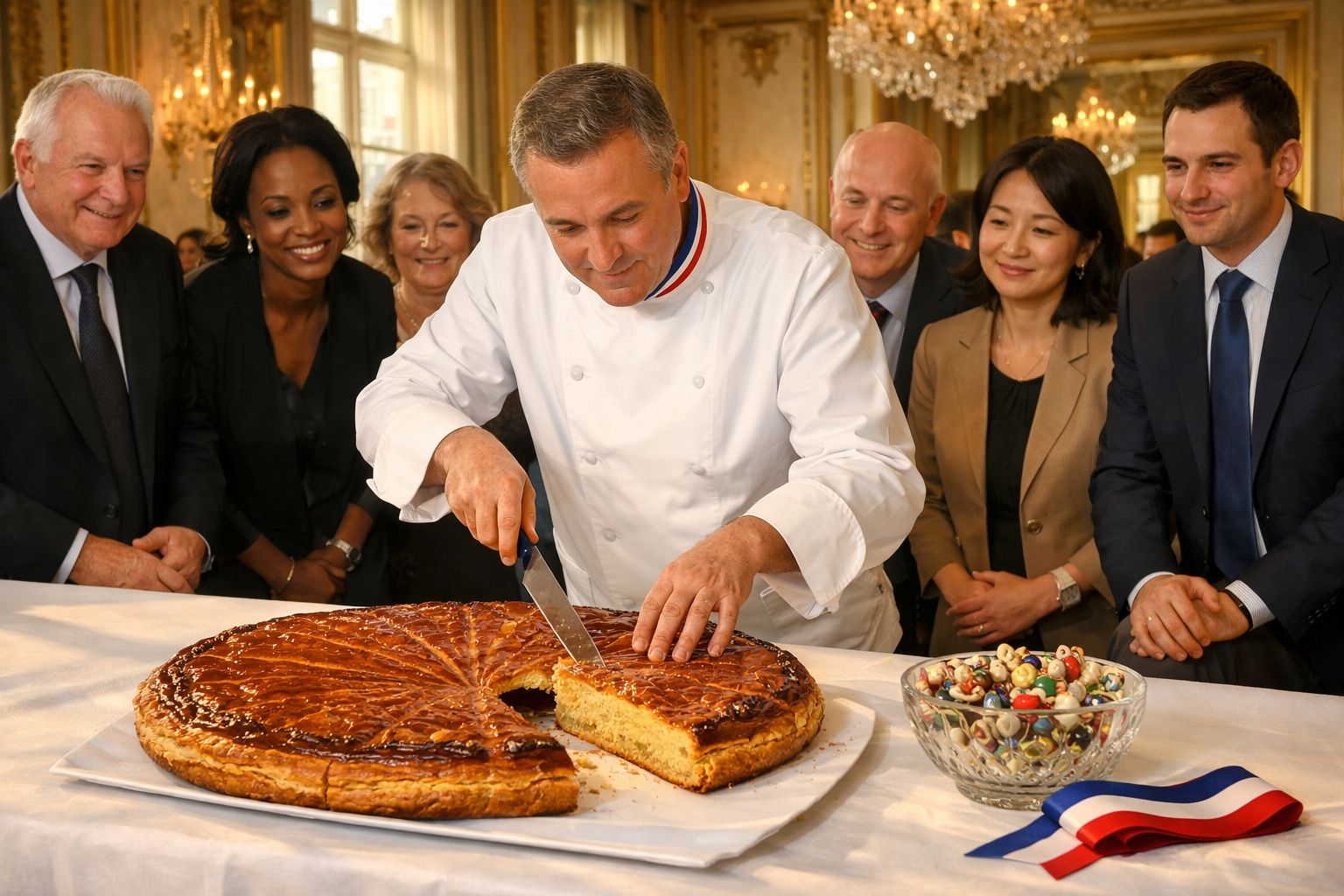 Chef corta grande bolo tradicional enquanto seis pessoas observam num salão elegante.