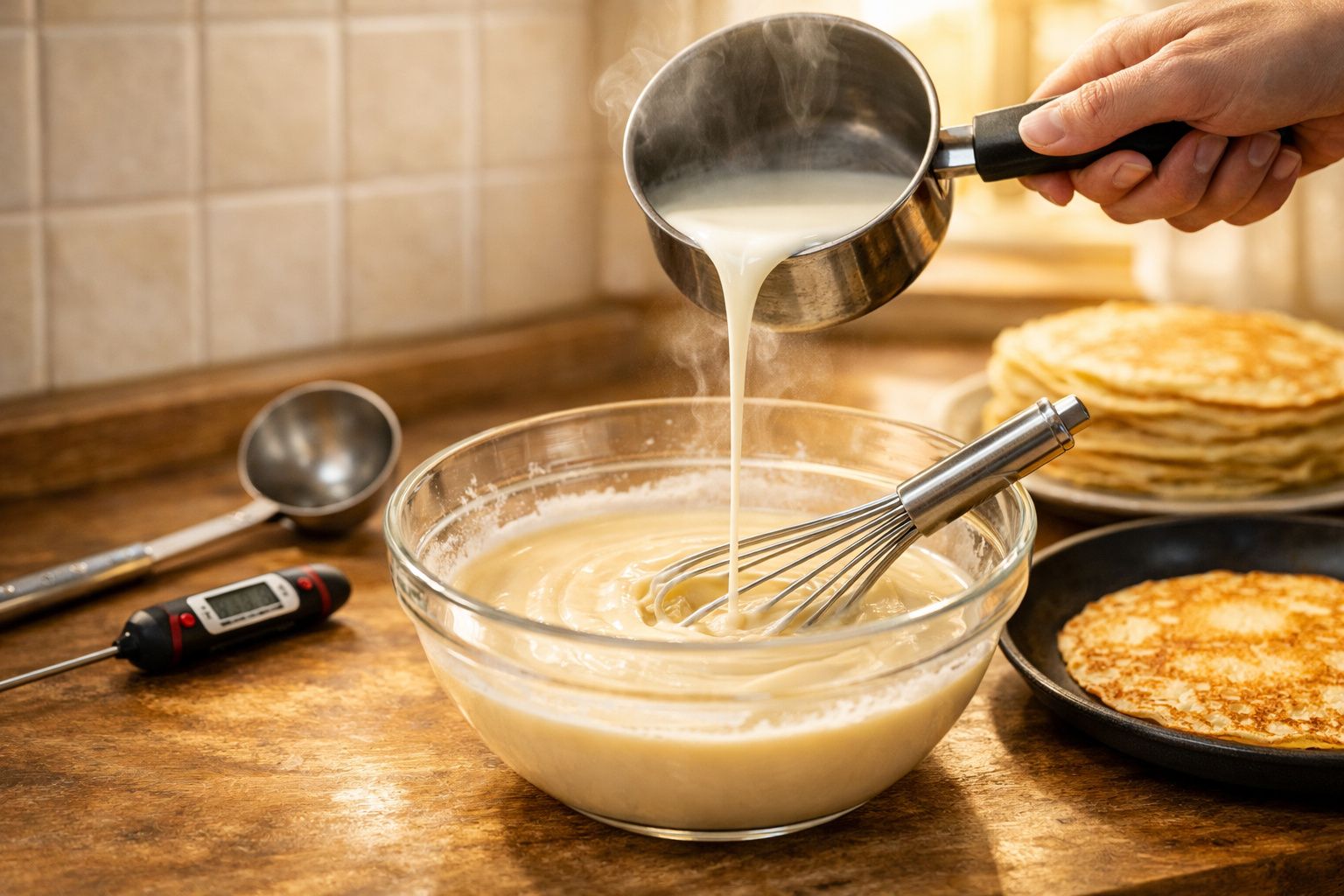 Mãos a deitar mistura quente numa taça de vidro com varas para preparar massa de panquecas na cozinha.