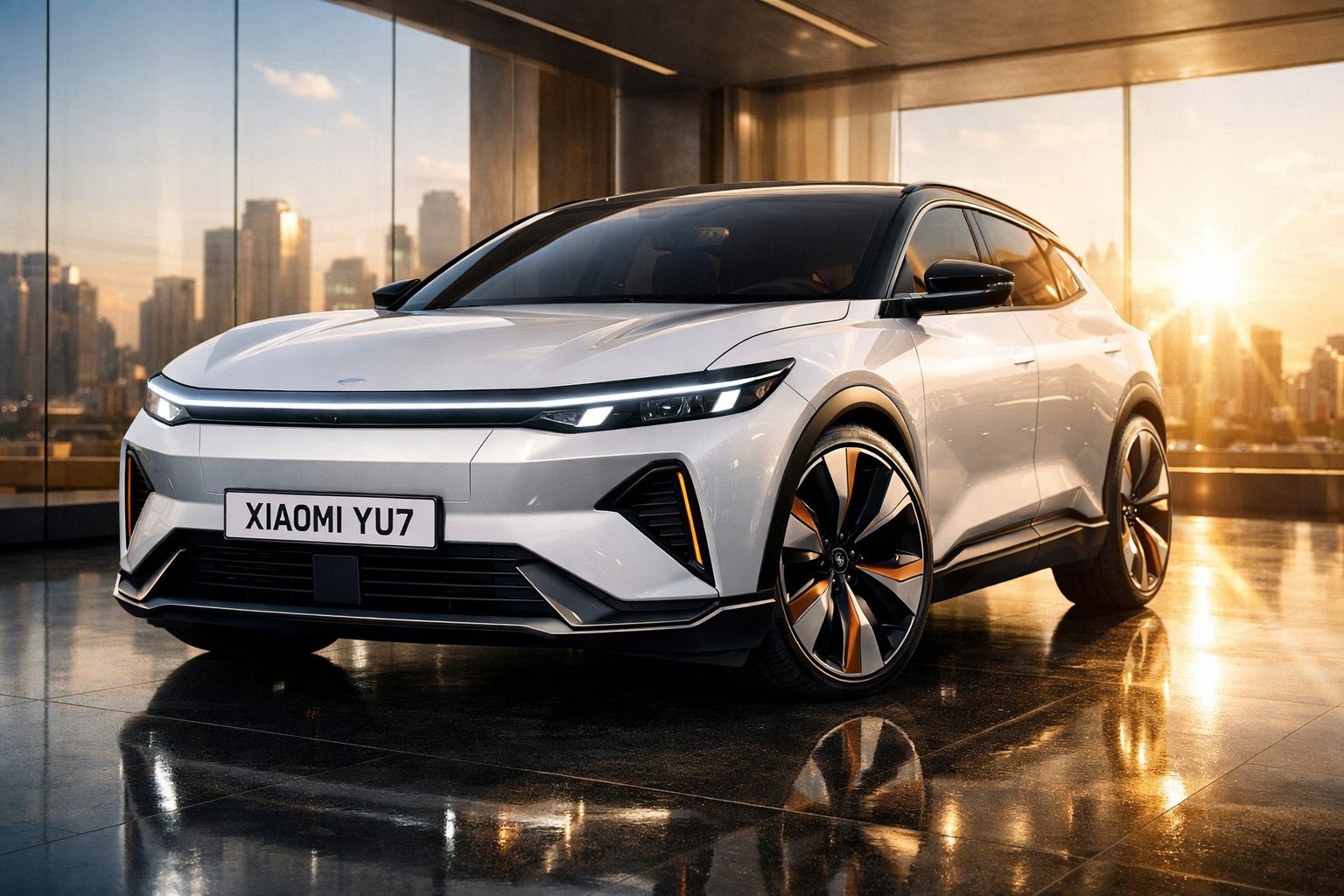 Carro elétrico branco Xiaomi YU7 estacionado em piso interior com cidade ao fundo ao pôr do sol.