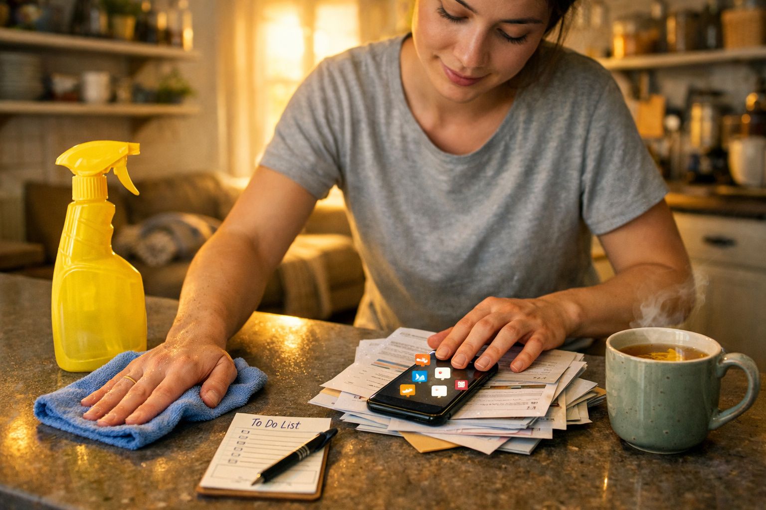 Mulher a limpar mesa com pano azul, ao lado de uma lista de tarefas, pilha de documentos, telemóvel e chá fumegante.