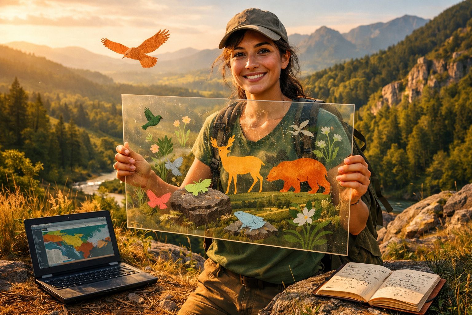 Mulher sorridente em trilho de montanha segura placa transparente com silhuetas de animais e plantas coloridas.
