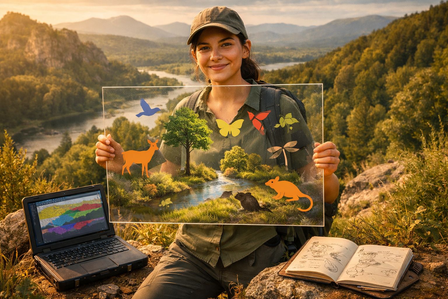 Mulher com boné segura painel transparente com desenhos de animais e plantas, ao ar livre com montanhas ao fundo.