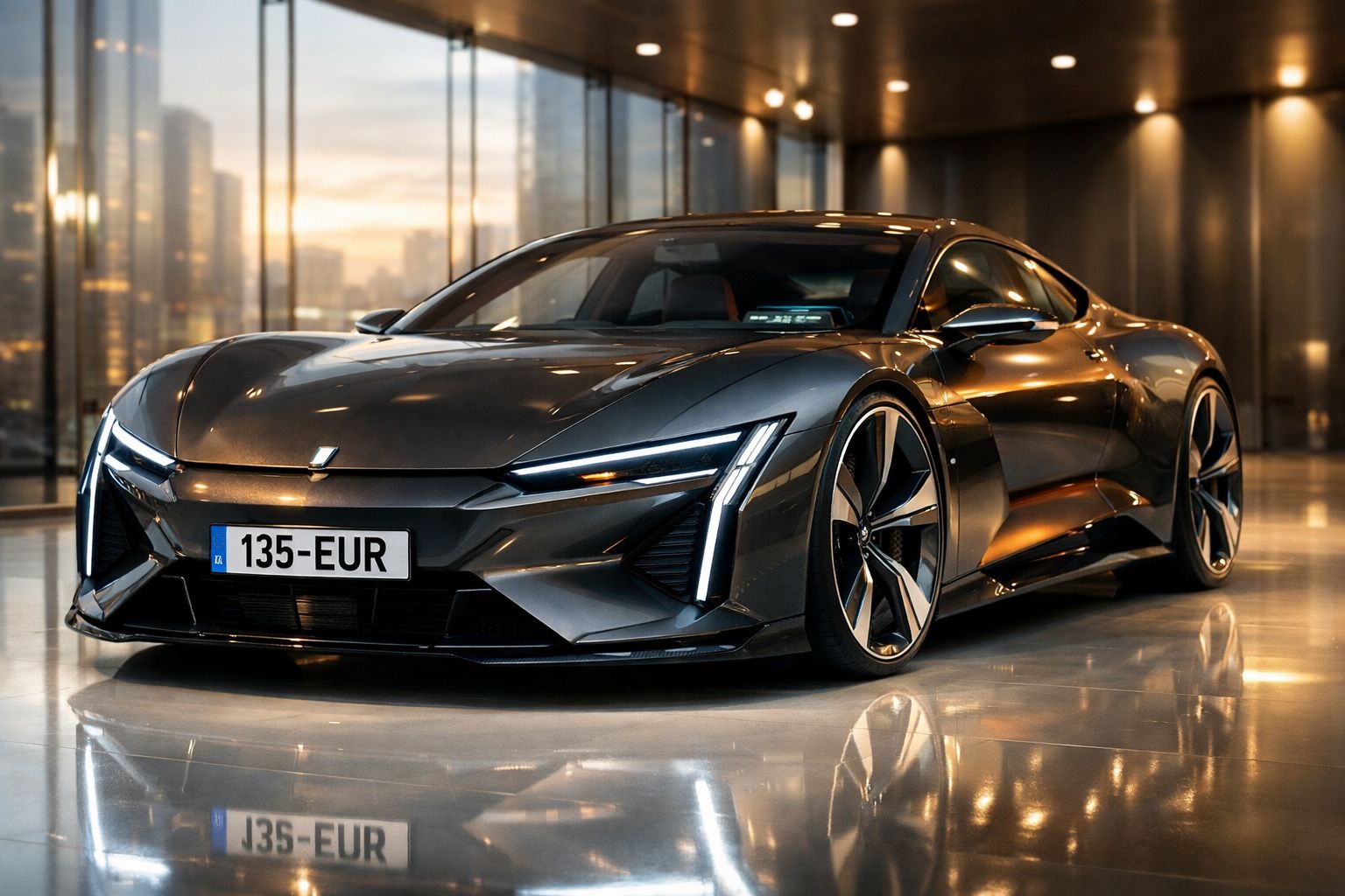 Carro desportivo cinzento estacionado em espaço interior com iluminação quente e reflexos no chão.