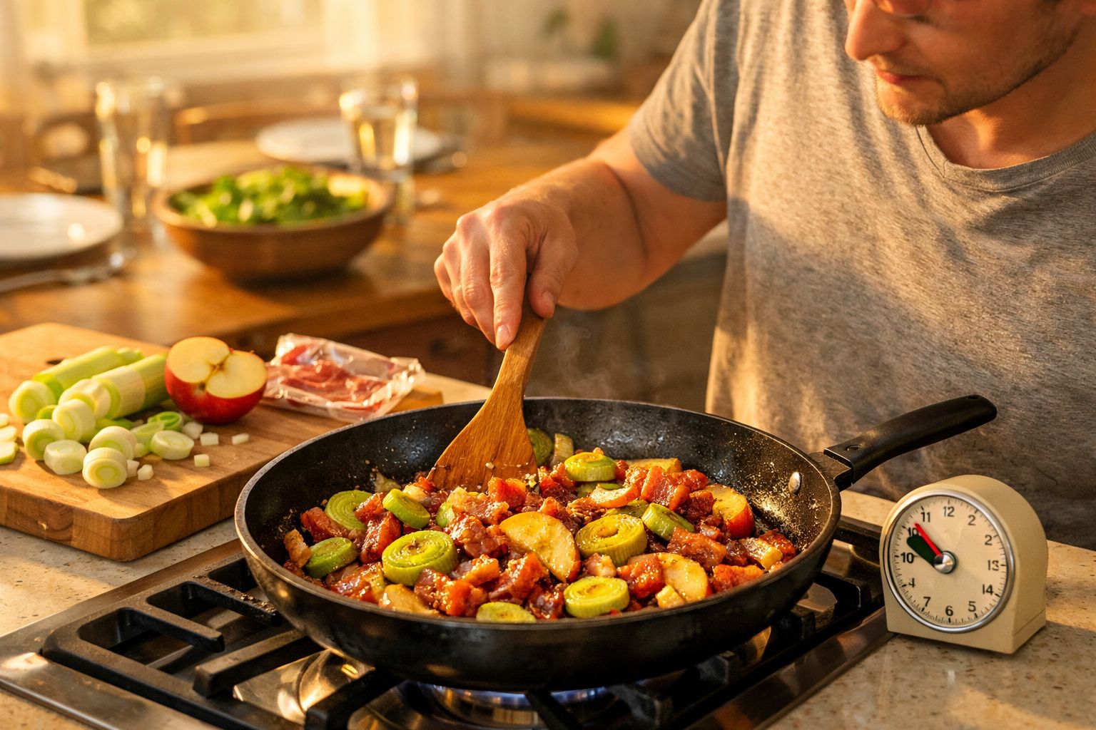 Pessoa a cozinhar legumes e carne numa frigideira com temporizador na cozinha.