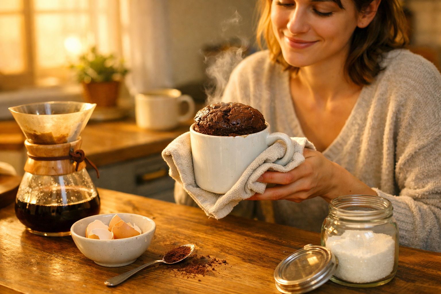 Mulher sorri segurando caneca com bolo quente, cozinha iluminada e utensílios de preparação ao fundo.