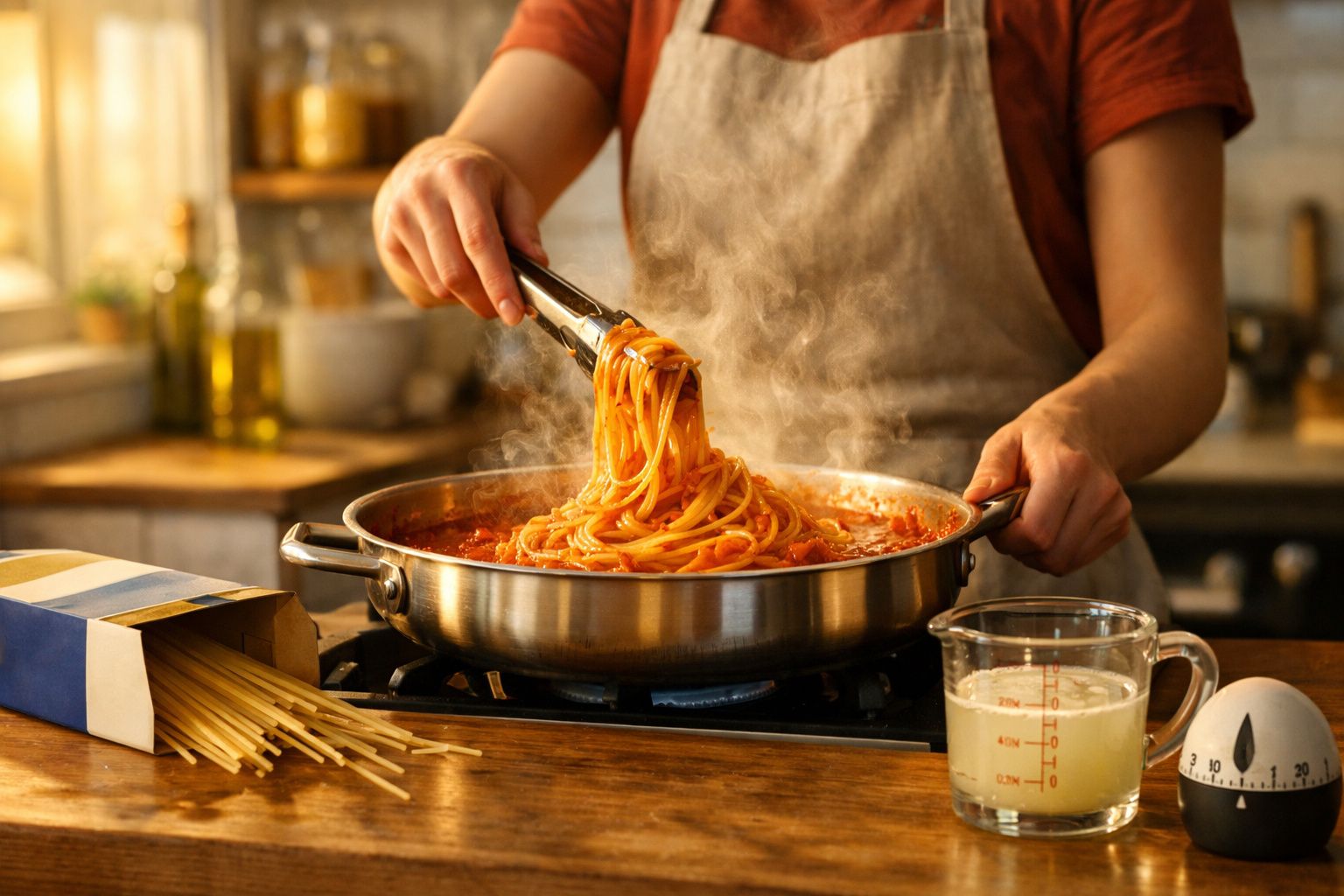 Pessoa a cozinhar esparguete com molho de tomate numa frigideira ao lume numa cozinha doméstica.