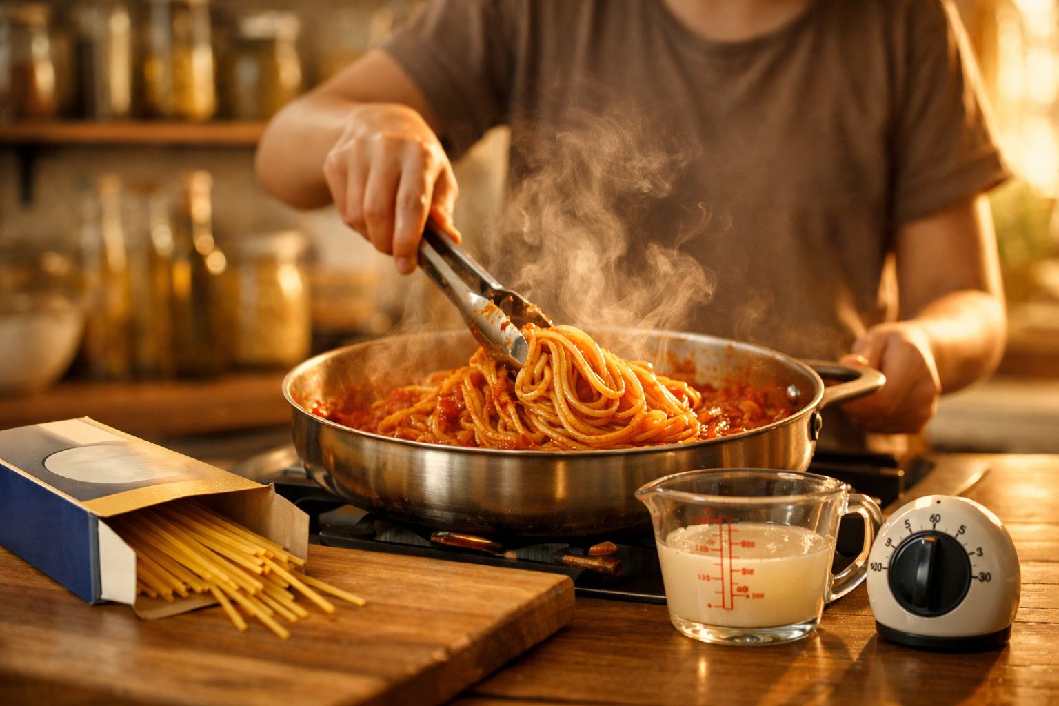 Pessoa a cozinhar esparguete com molho de tomate numa frigideira na cozinha, com massa e temporizador na bancada.