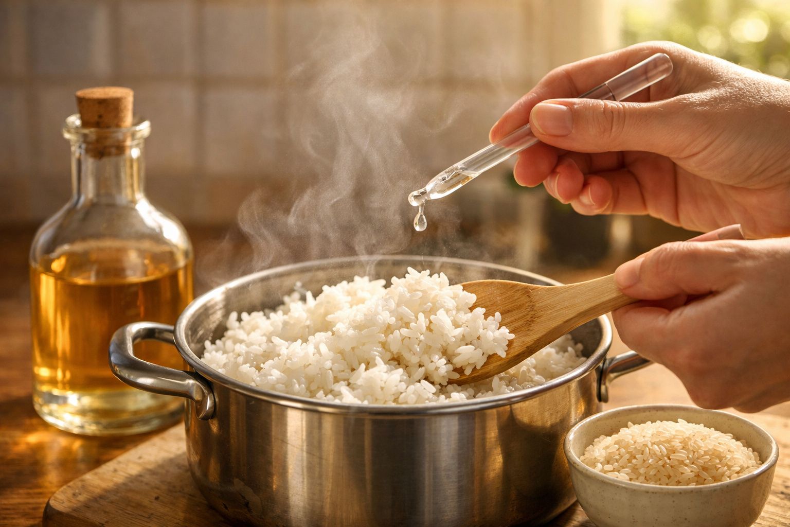 Mãos a temperar arroz quente numa panela com um conta-gotas, garrafa de azeite e recipiente com arroz cru ao lado.