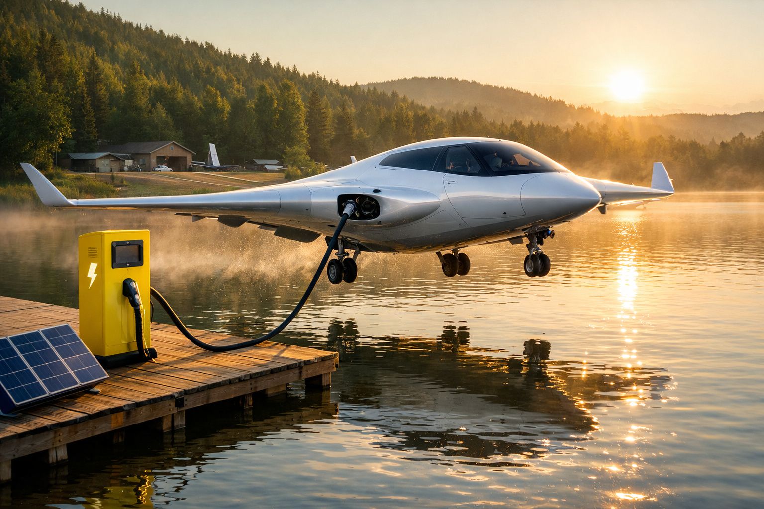 Avião elétrico futurista a carregar numa estação com painéis solares junto a um lago ao pôr do sol.