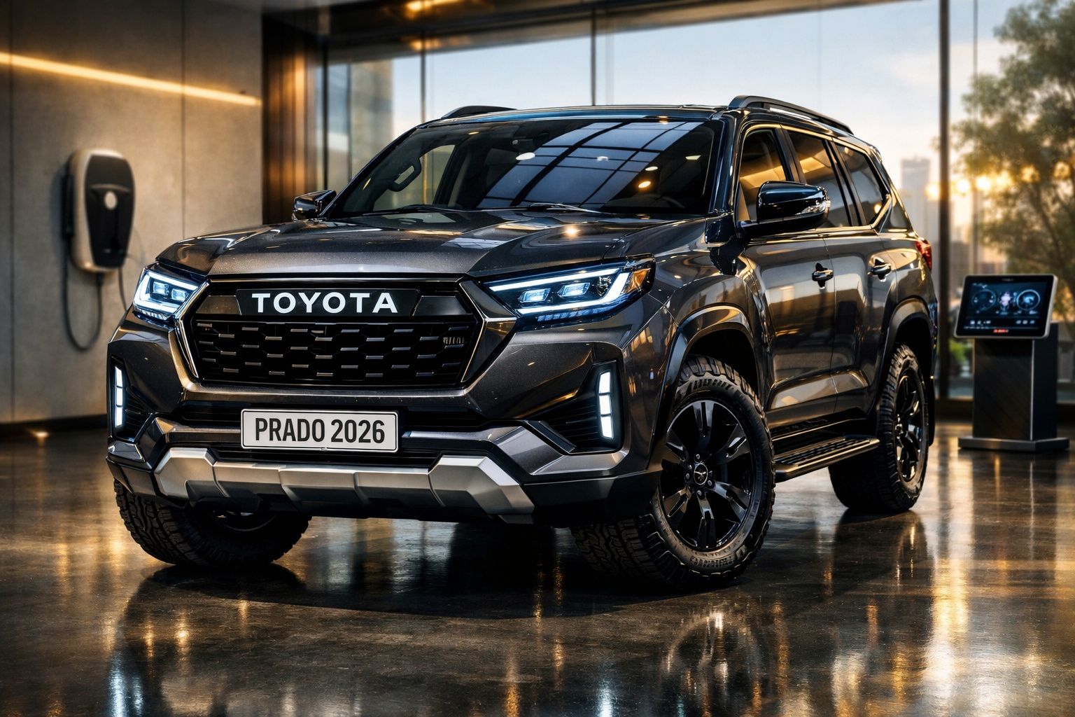 Toyota Prado 2026 cinzento escuro estacionado em ambiente interior moderno com luz natural e painéis digitais.
